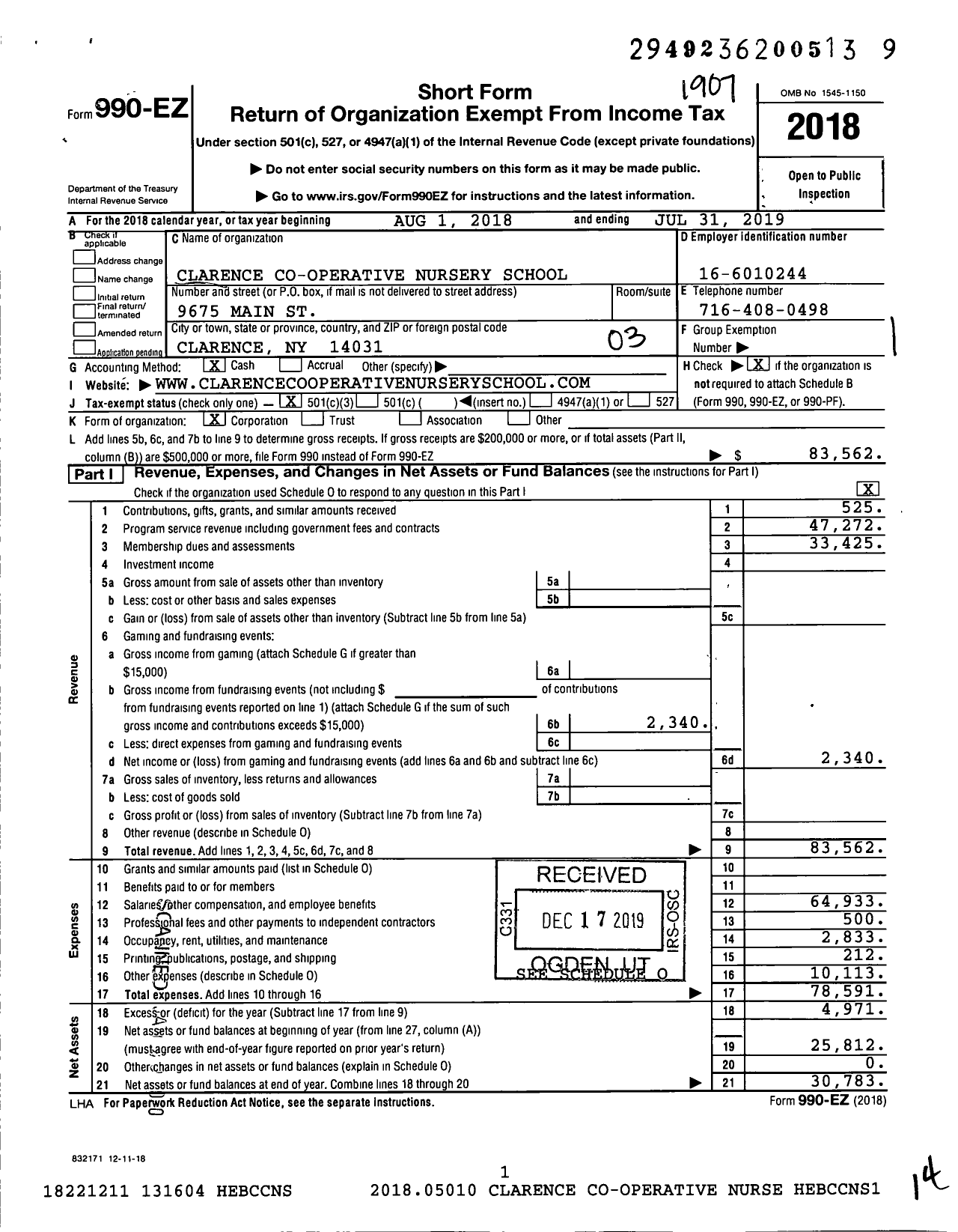 Image of first page of 2018 Form 990EZ for Clarence Co-Operative Nursery School