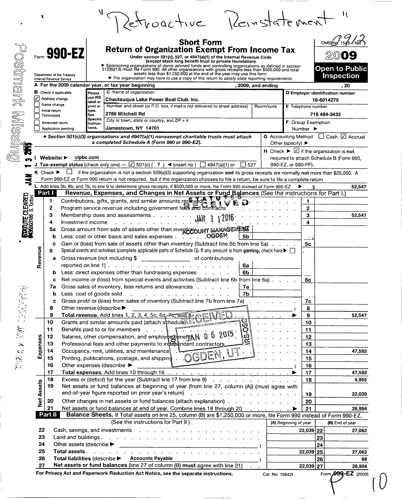 Image of first page of 2009 Form 990EO for Chautauqua Lake Power Boat Club