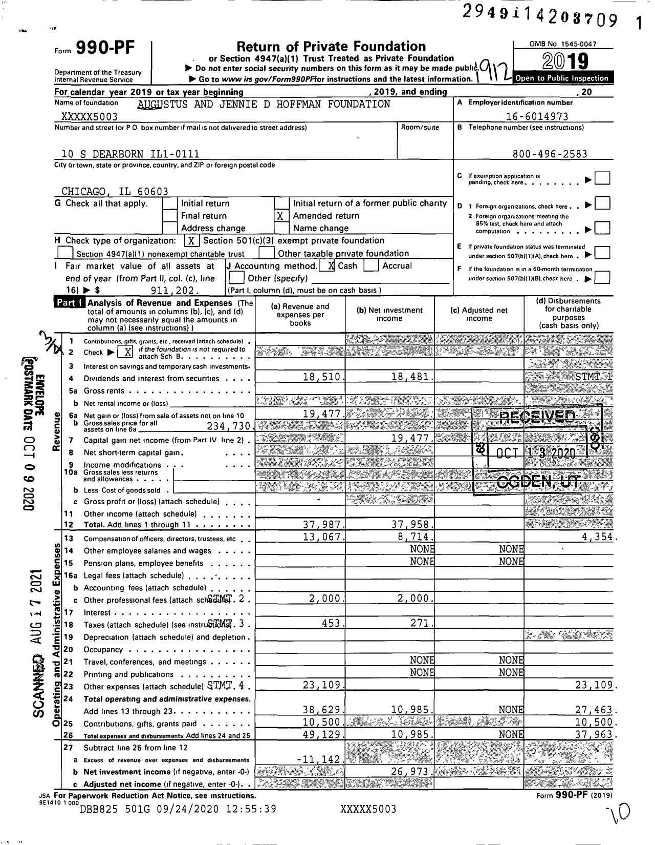 Image of first page of 2019 Form 990PF for Augustus and Jennie D Hoffman Foundation