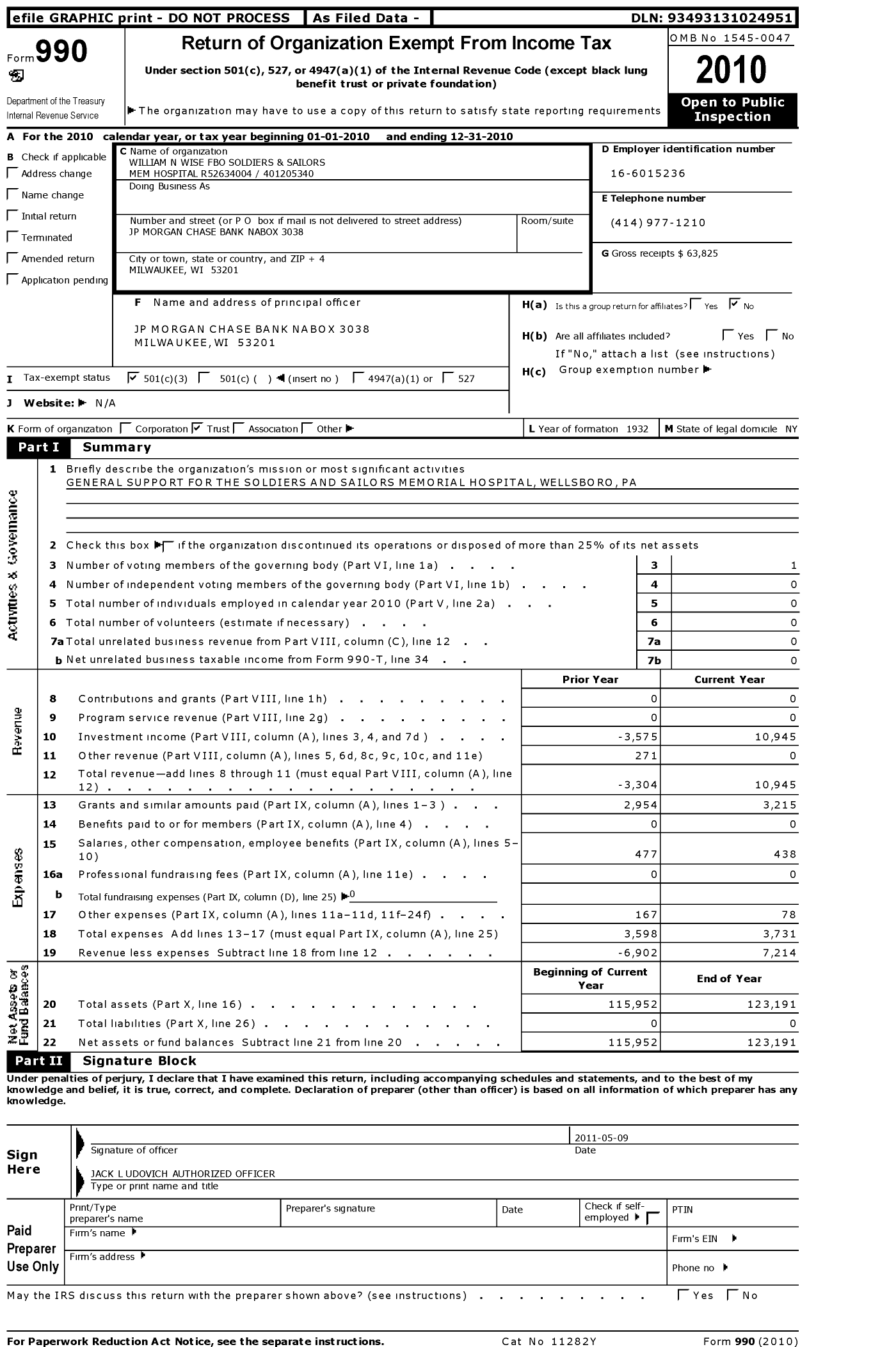 Image of first page of 2010 Form 990 for William N Wise Fbo Soldiers and Sailors Mem Hospital