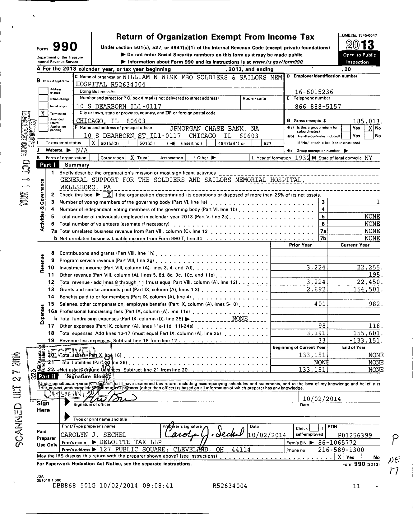 Image of first page of 2013 Form 990 for William N Wise Fbo Soldiers and Sailors Mem Hospital