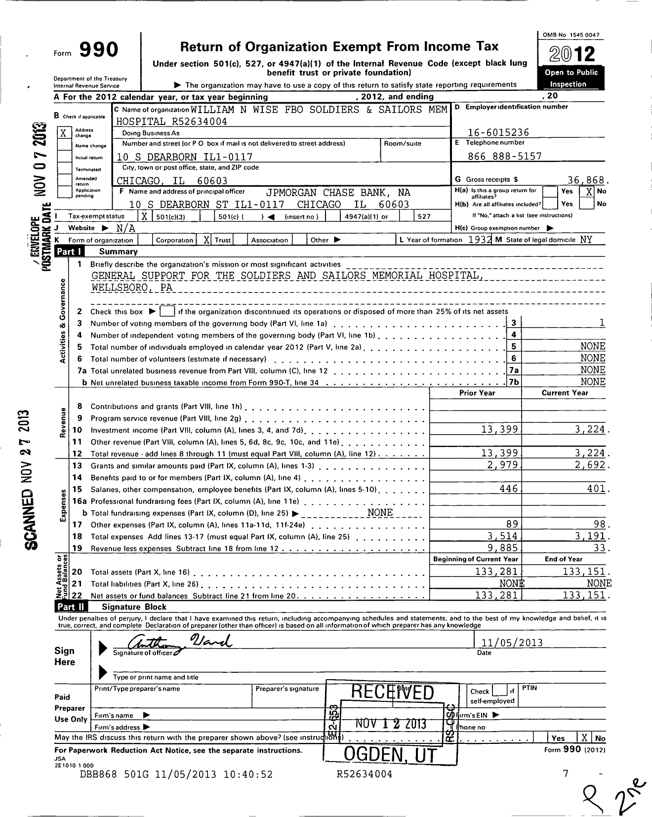 Image of first page of 2012 Form 990 for William N Wise Fbo Soldiers and Sailors Mem Hospital