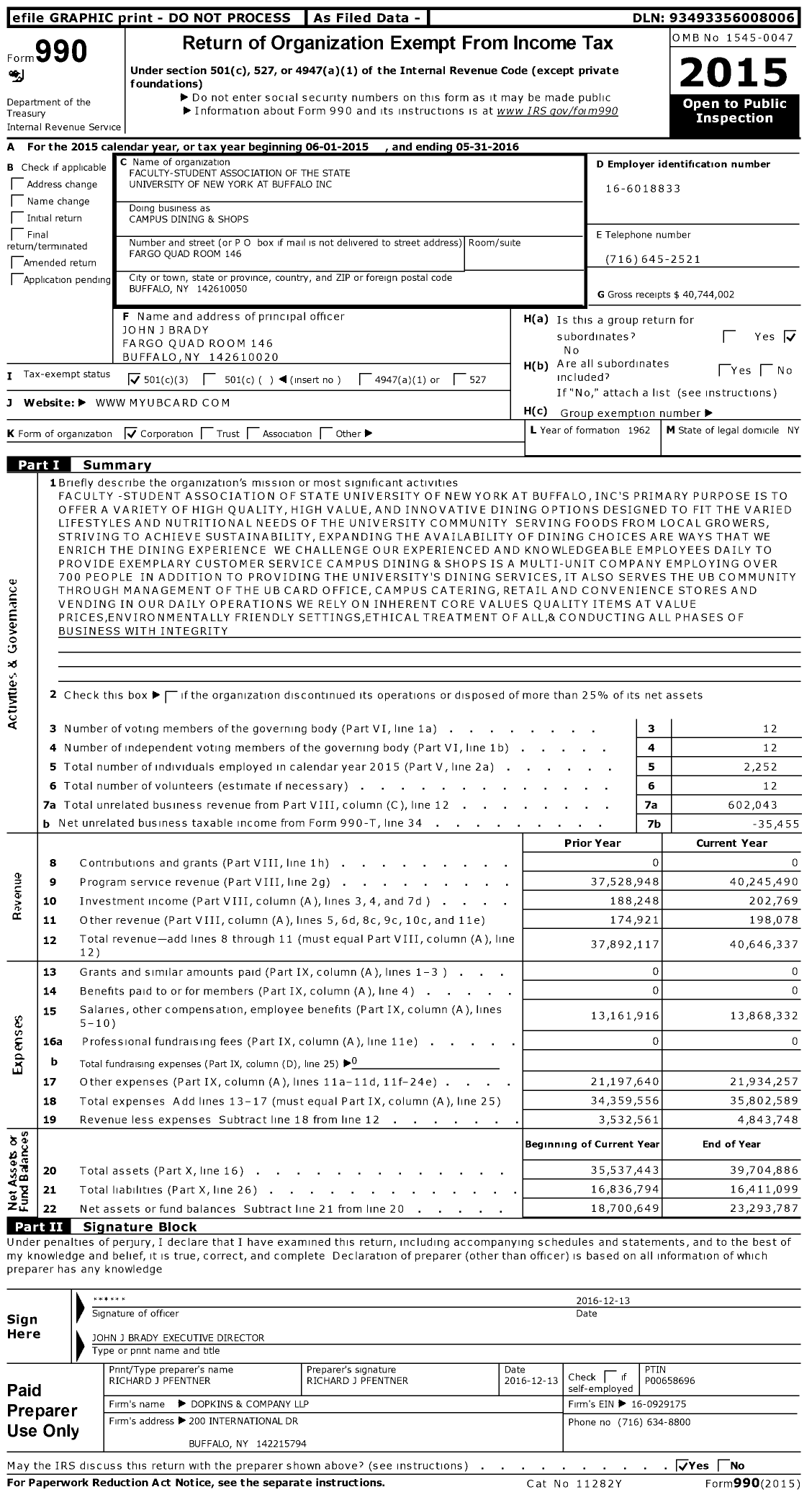 Image of first page of 2015 Form 990 for Campus dining and shops