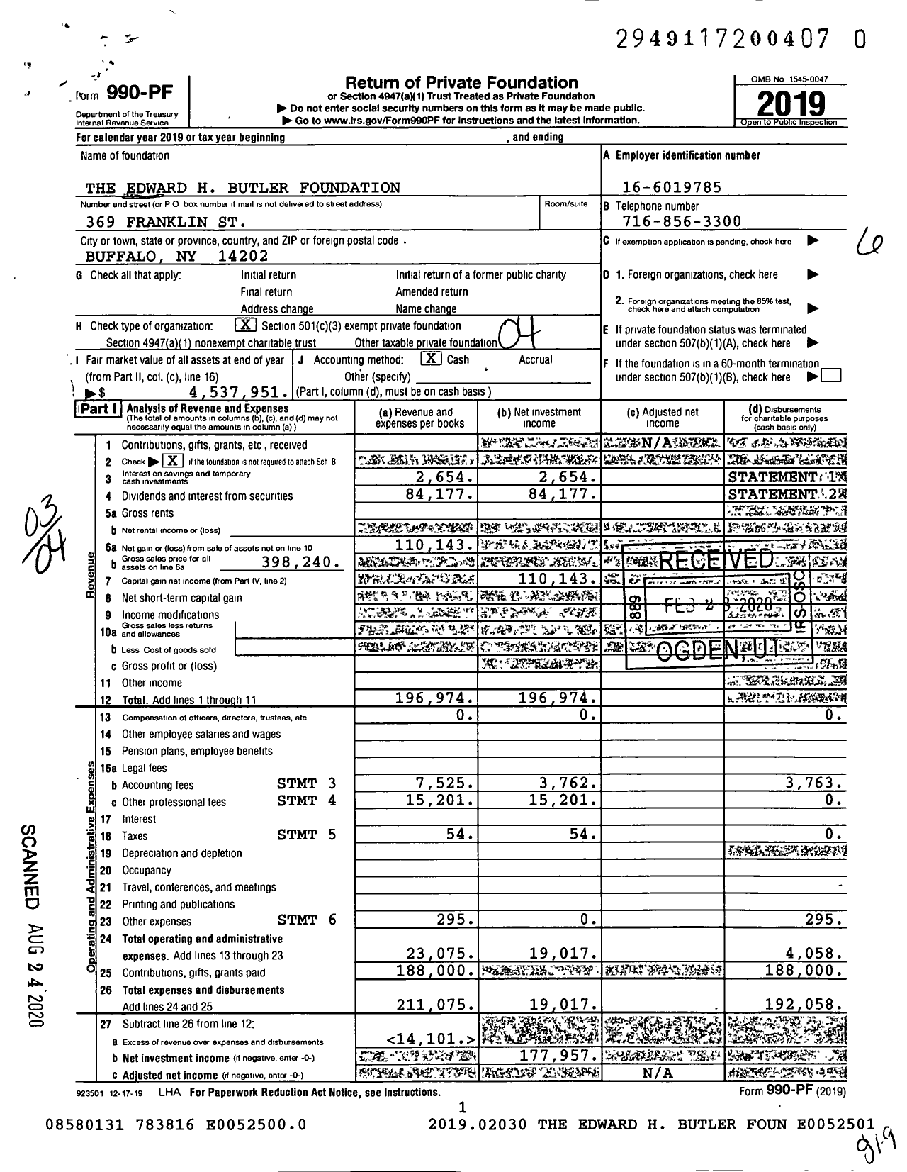 Image of first page of 2019 Form 990PR for The Edward H Butler Foundation