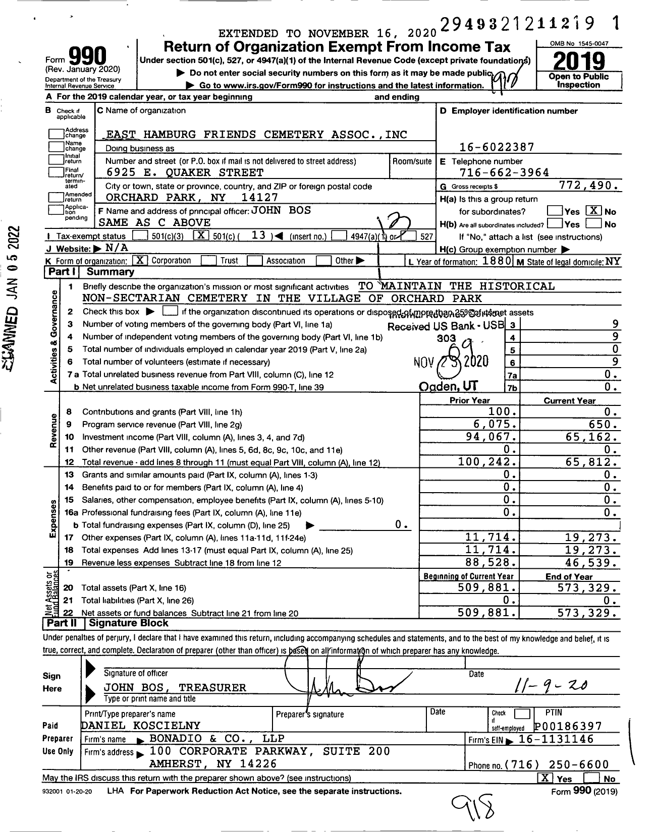 Image of first page of 2019 Form 990O for East Hamburg Friends Cemetery Association