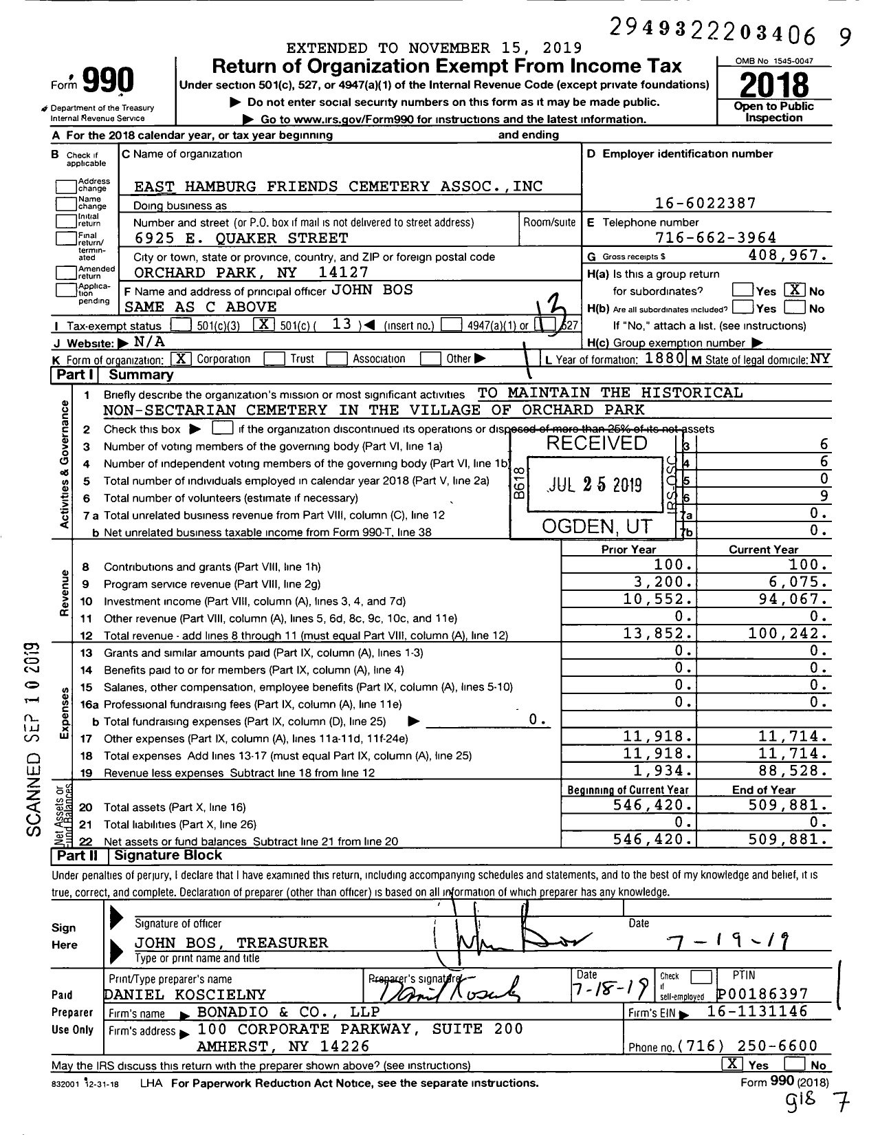 Image of first page of 2018 Form 990O for East Hamburg Friends Cemetery Association