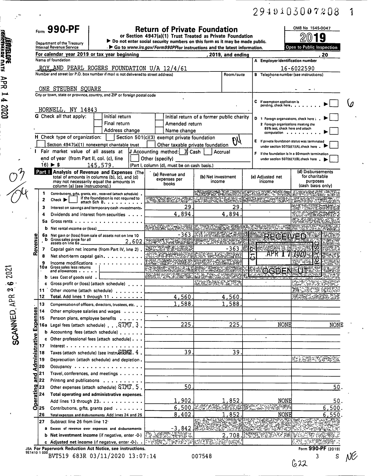 Image of first page of 2019 Form 990PF for Roy and Pearl Rogers Foundation 12461