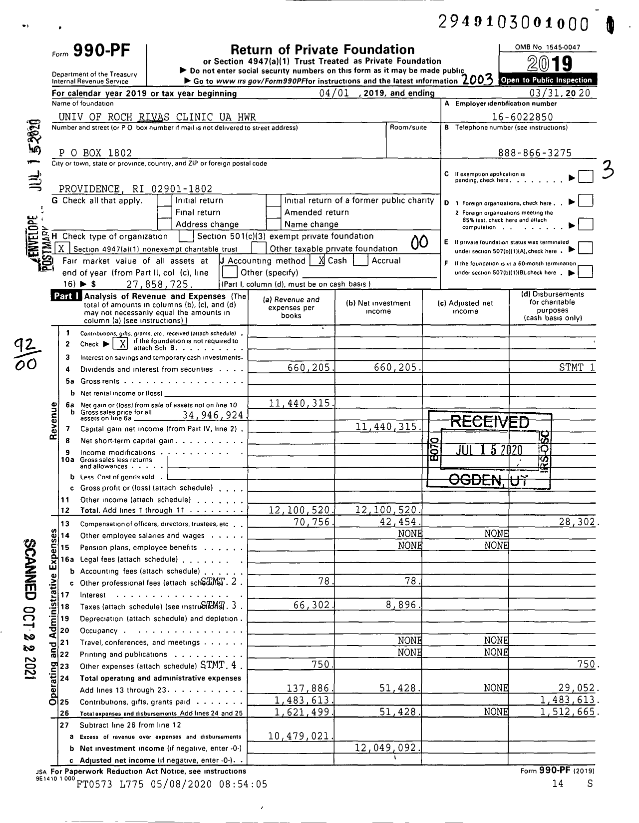 Image of first page of 2019 Form 990PF for Univ of Roch Rivas Clinic HWR