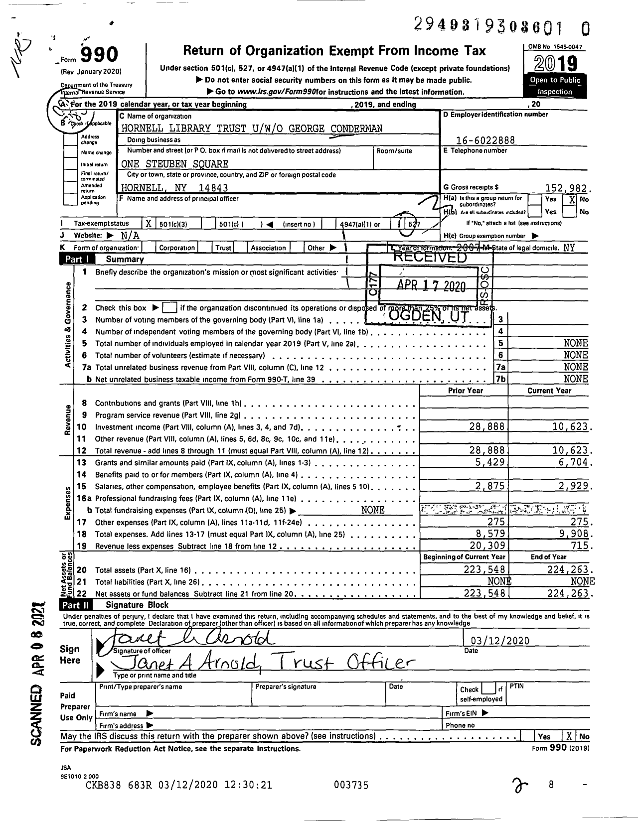 Image of first page of 2019 Form 990 for Hornell Library Trust Uwo George