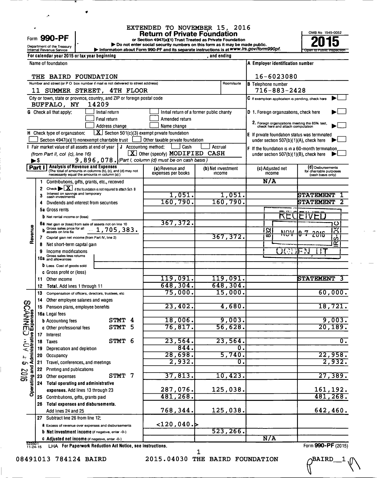 Image of first page of 2015 Form 990PF for The Baird Foundation