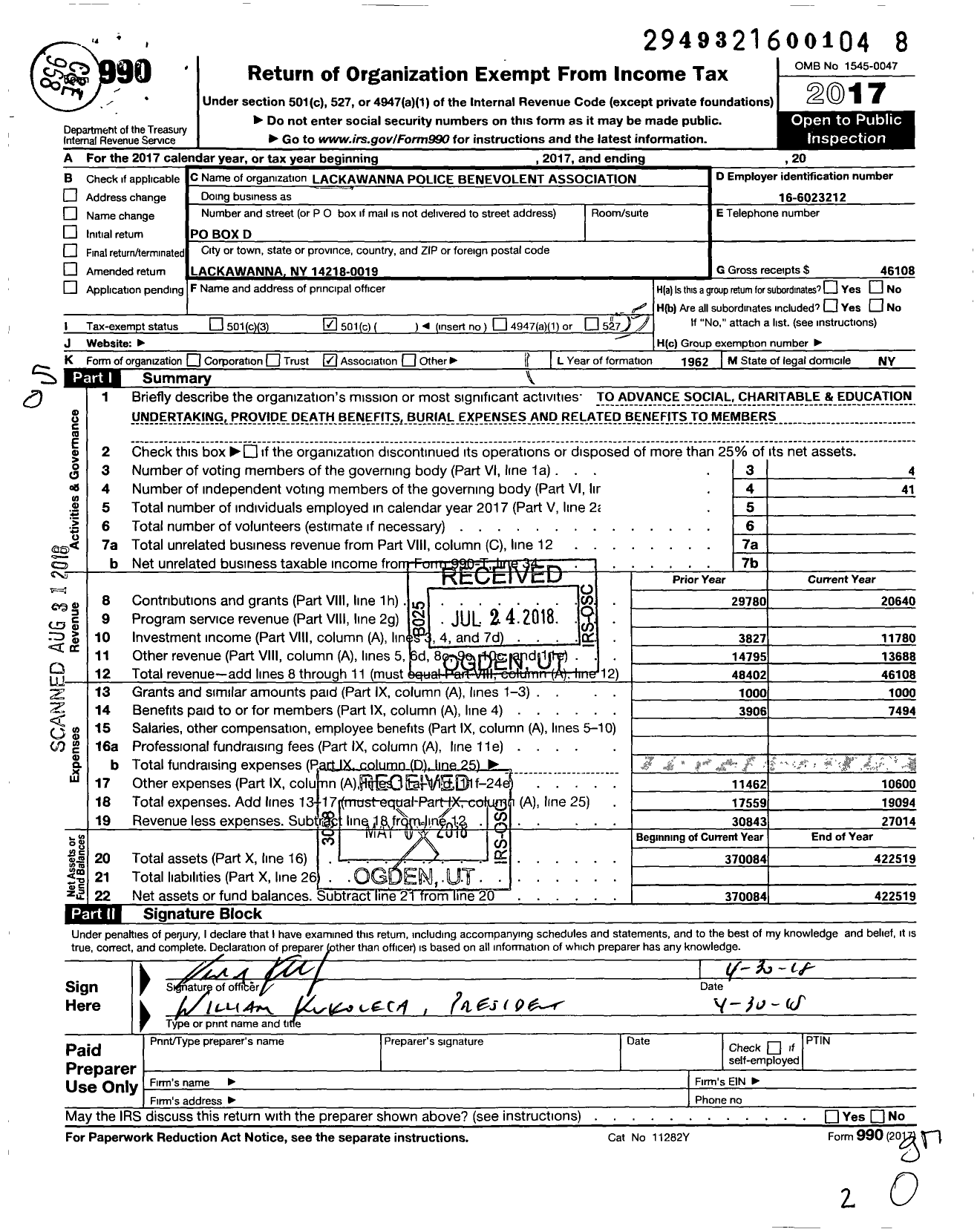 Image of first page of 2017 Form 990O for Lackawanna Police Benv Association