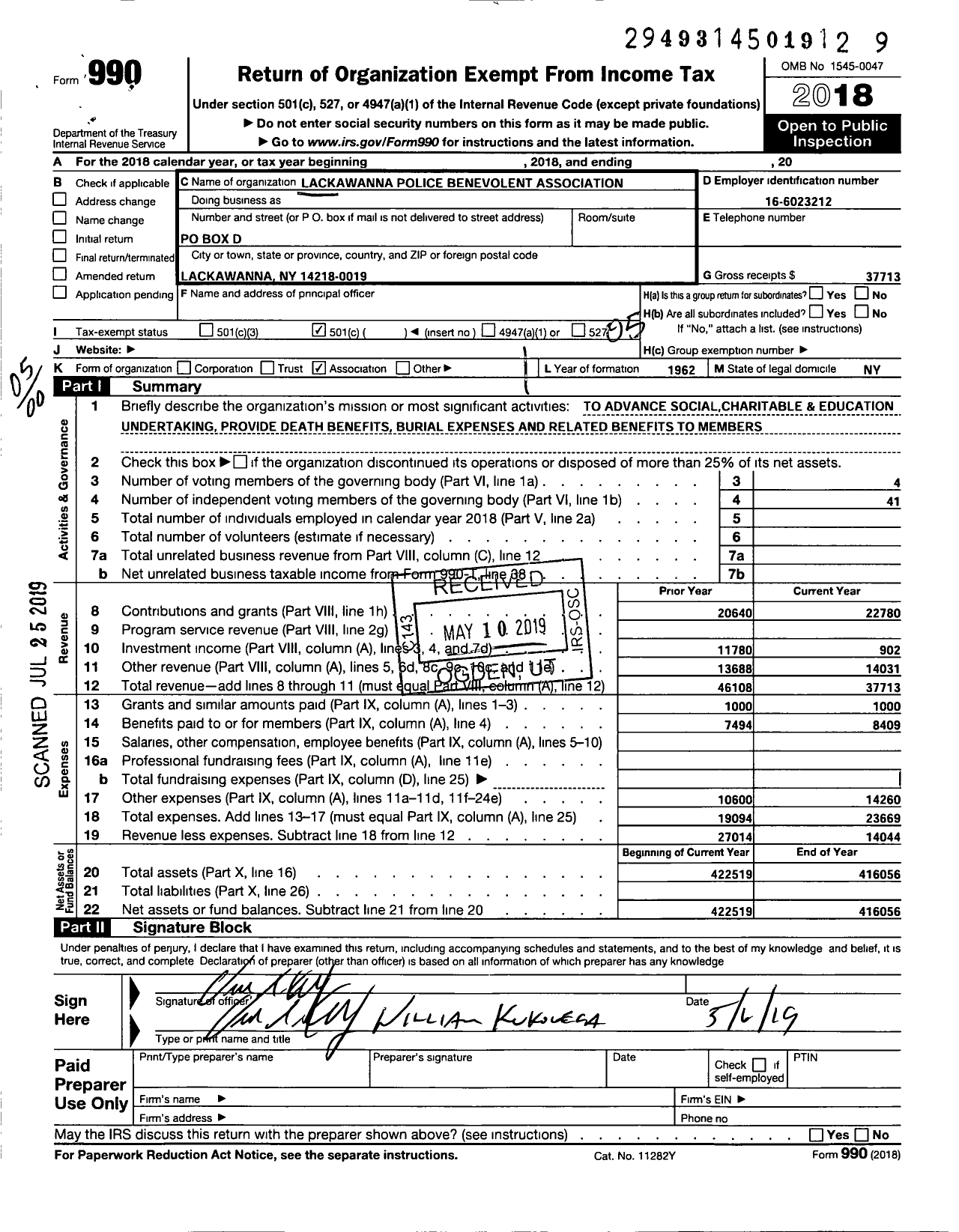 Image of first page of 2018 Form 990O for Lackawanna Police Benv Association