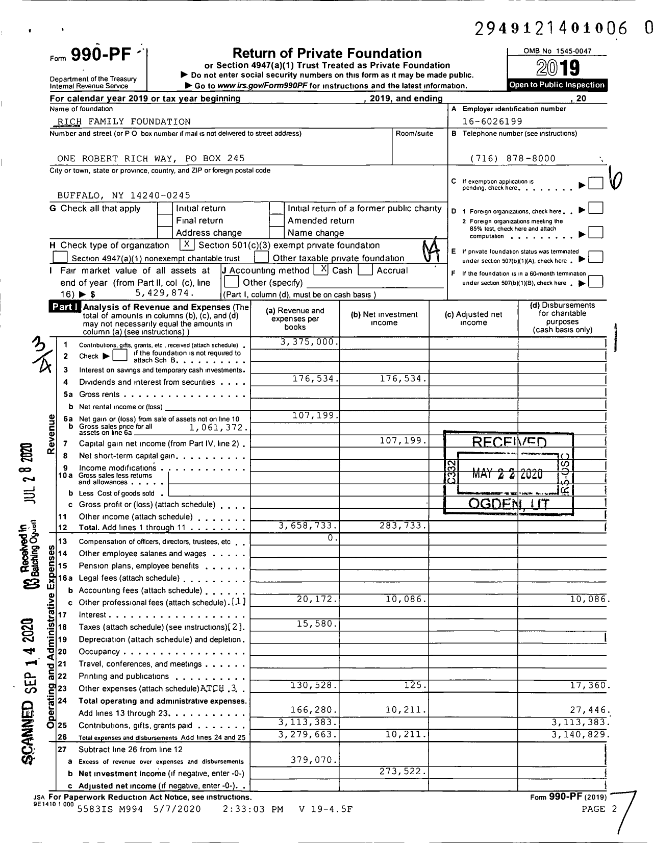 Image of first page of 2019 Form 990PR for Rich Family Foundation