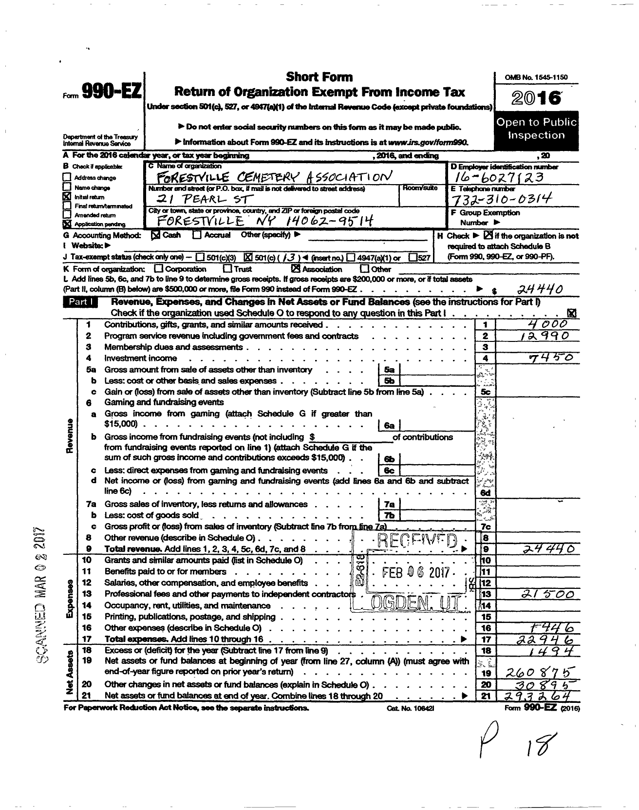 Image of first page of 2016 Form 990EO for Forestville Cemetery Association