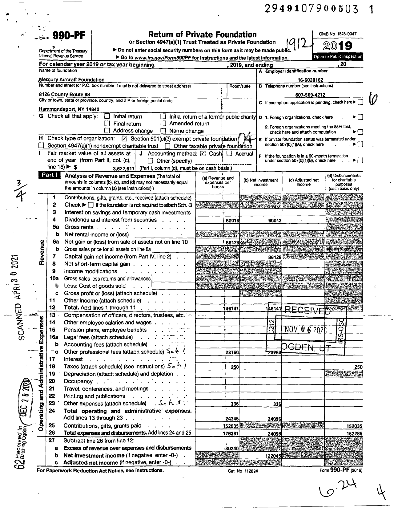 Image of first page of 2019 Form 990PF for Mercury Aircraft Foundation