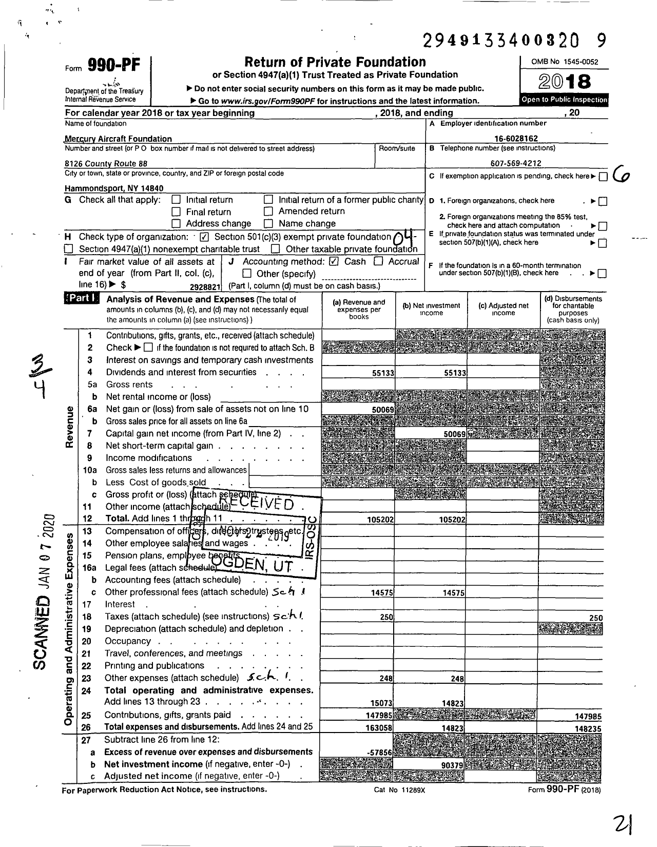 Image of first page of 2018 Form 990PF for Mercury Aircraft Foundation