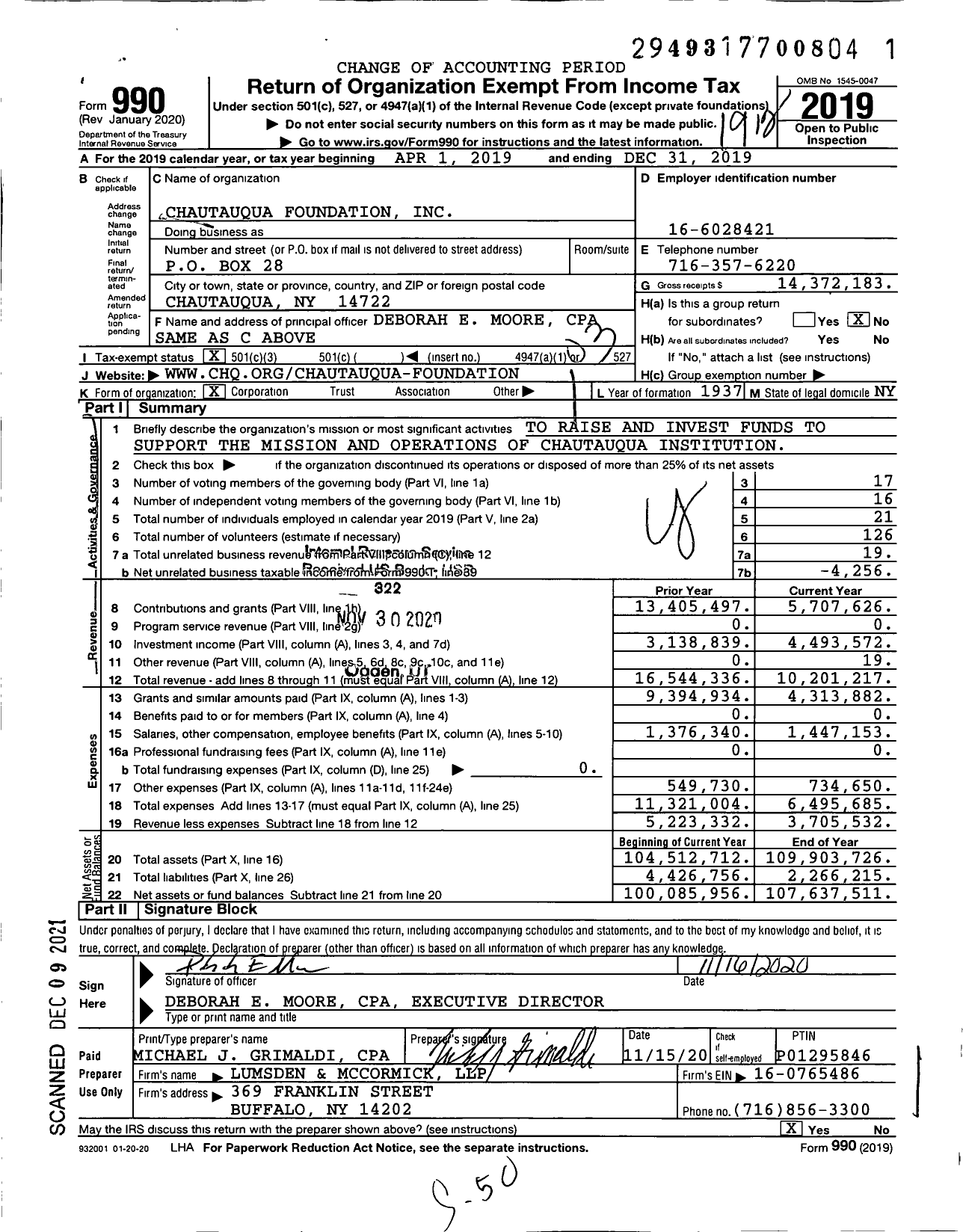 Image of first page of 2019 Form 990 for Chautauqua Foundation