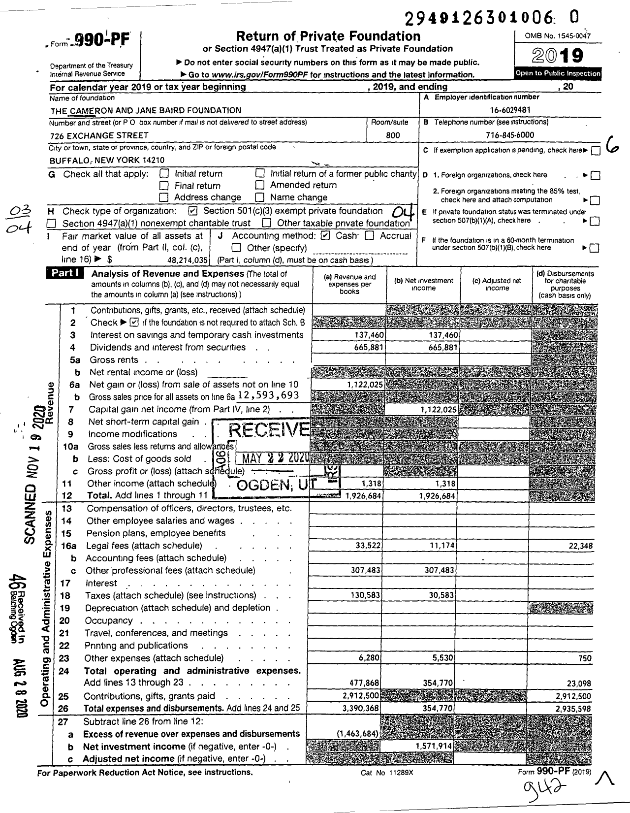 Image of first page of 2019 Form 990PF for The Cameron and Jane Baird Foundation