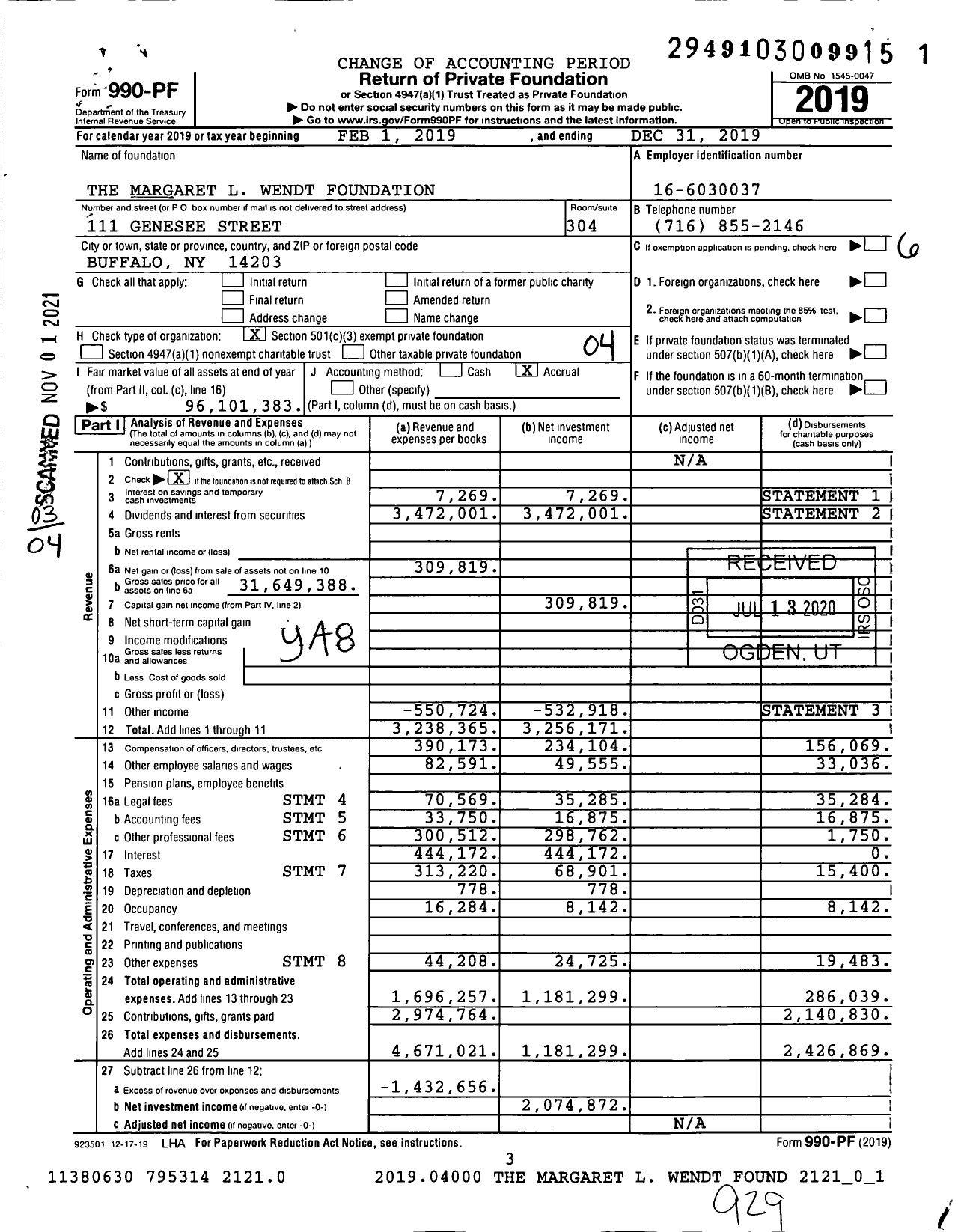 Image of first page of 2019 Form 990PF for Margaret L. Wendt Foundation