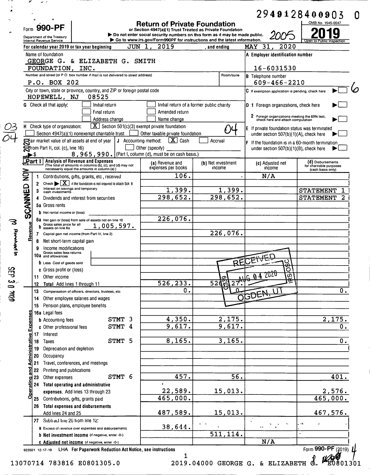 Image of first page of 2019 Form 990PF for George G and Elizabeth G Smith Foundation