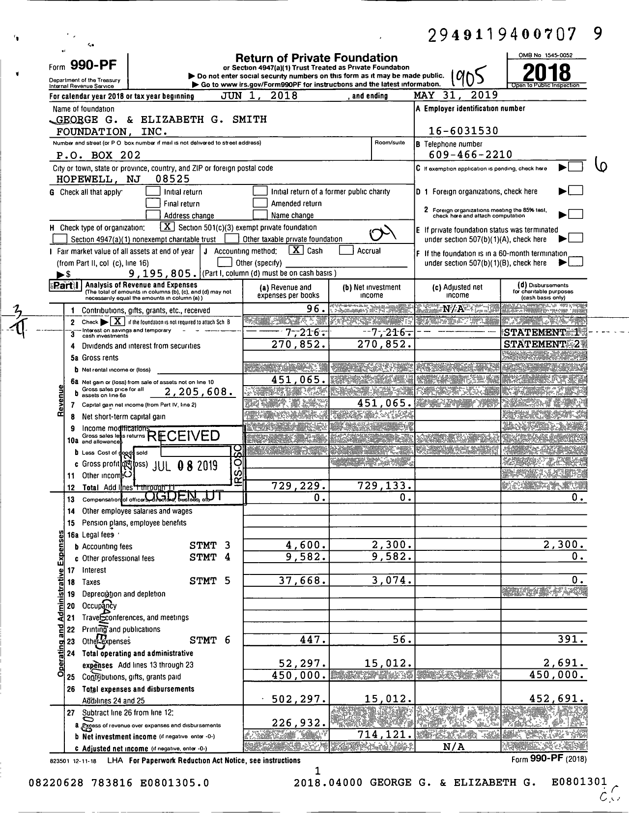 Image of first page of 2018 Form 990PF for George G and Elizabeth G Smith Foundation