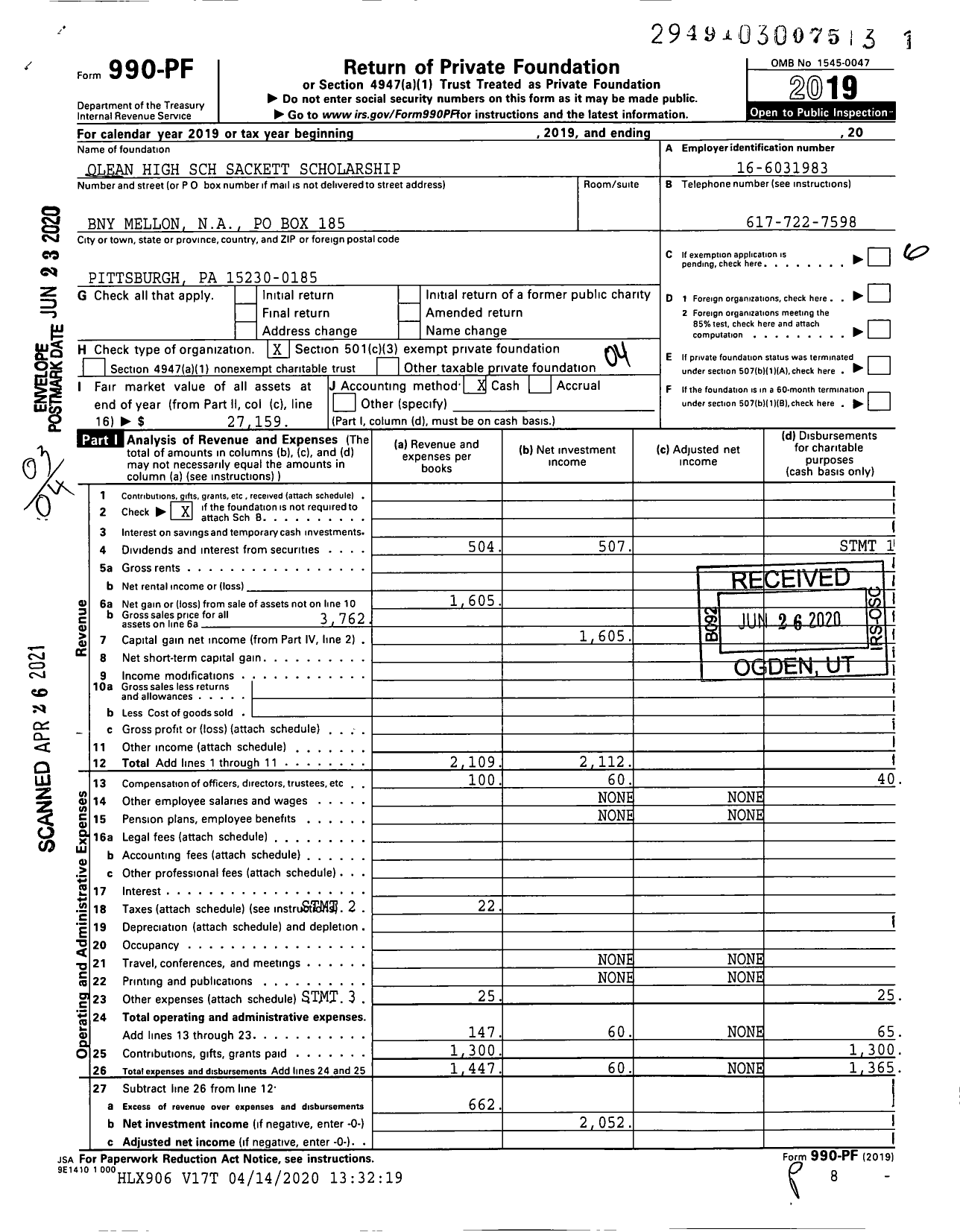 Image of first page of 2019 Form 990PF for Olean High SCH Sackett Scholarship