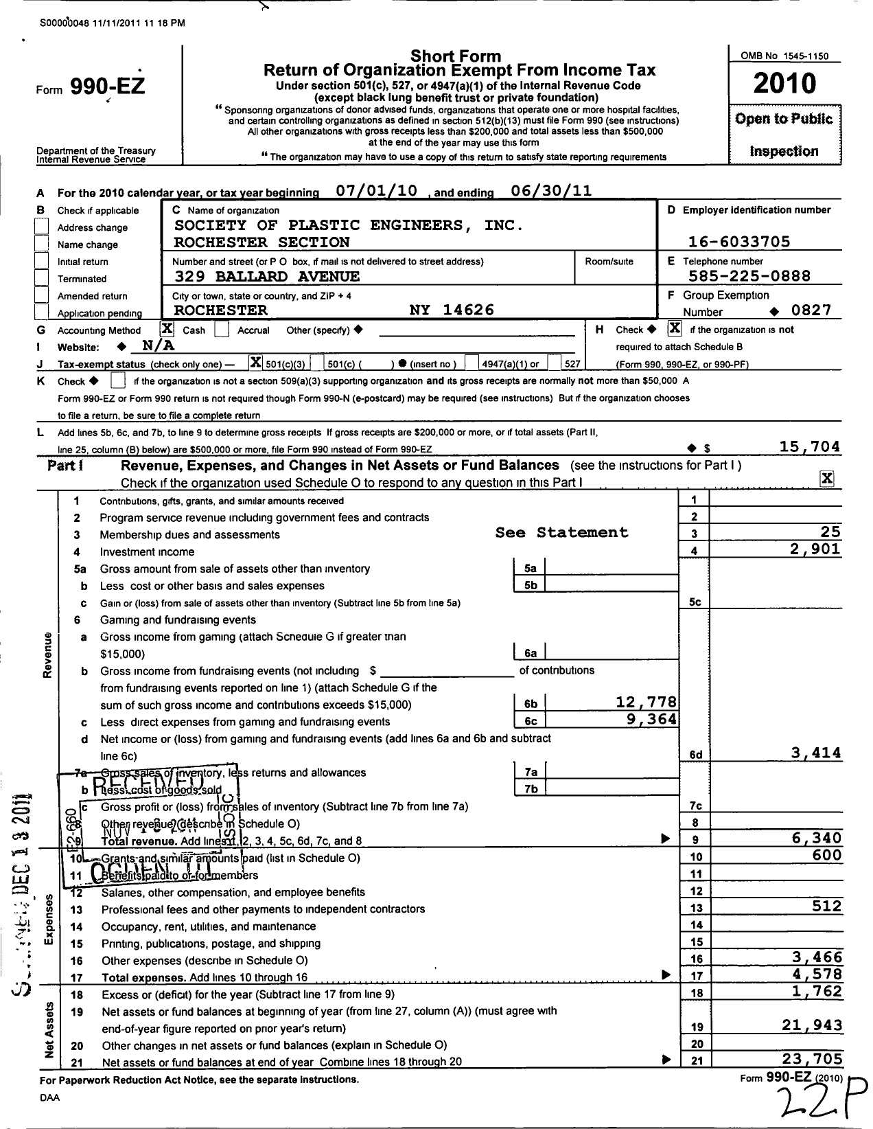 Image of first page of 2010 Form 990EZ for Society of Plastics Engineers - 20 Rochester Section