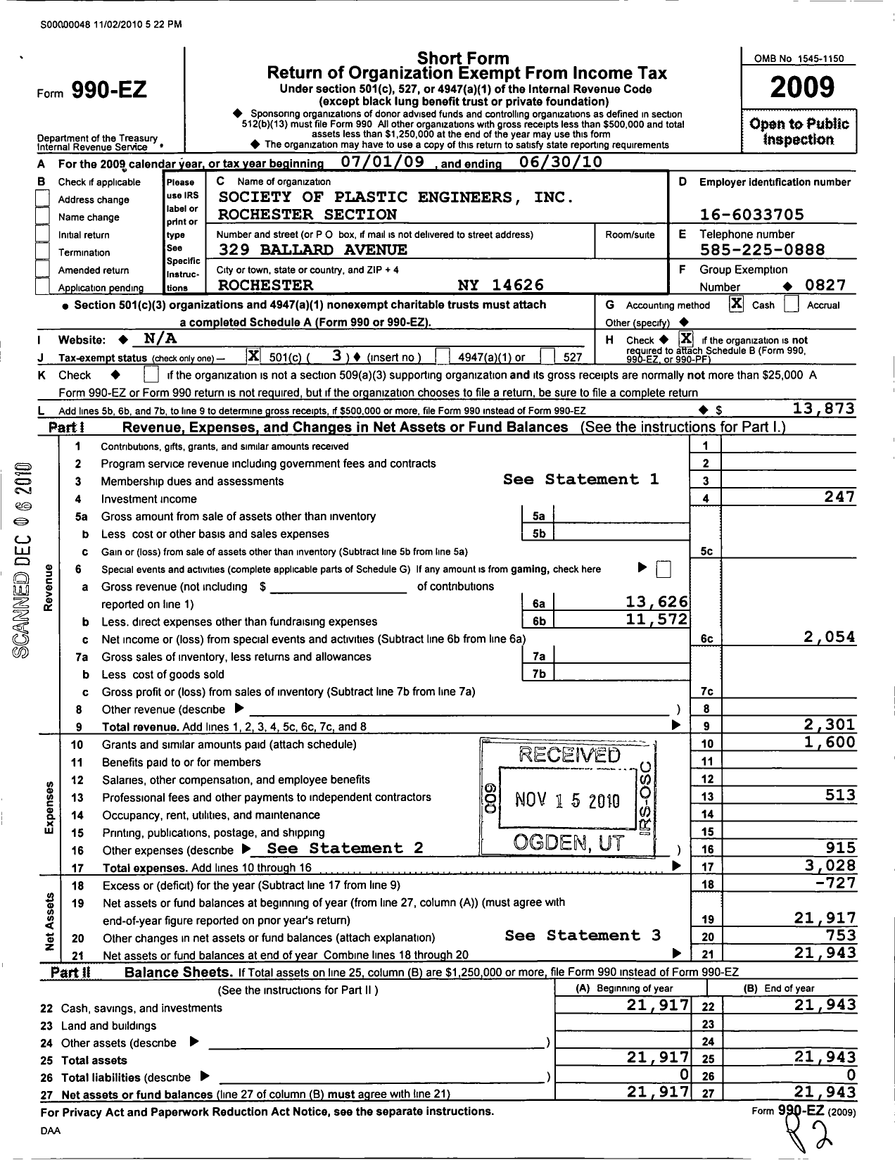 Image of first page of 2009 Form 990EZ for Society of Plastics Engineers - 20 Rochester Section