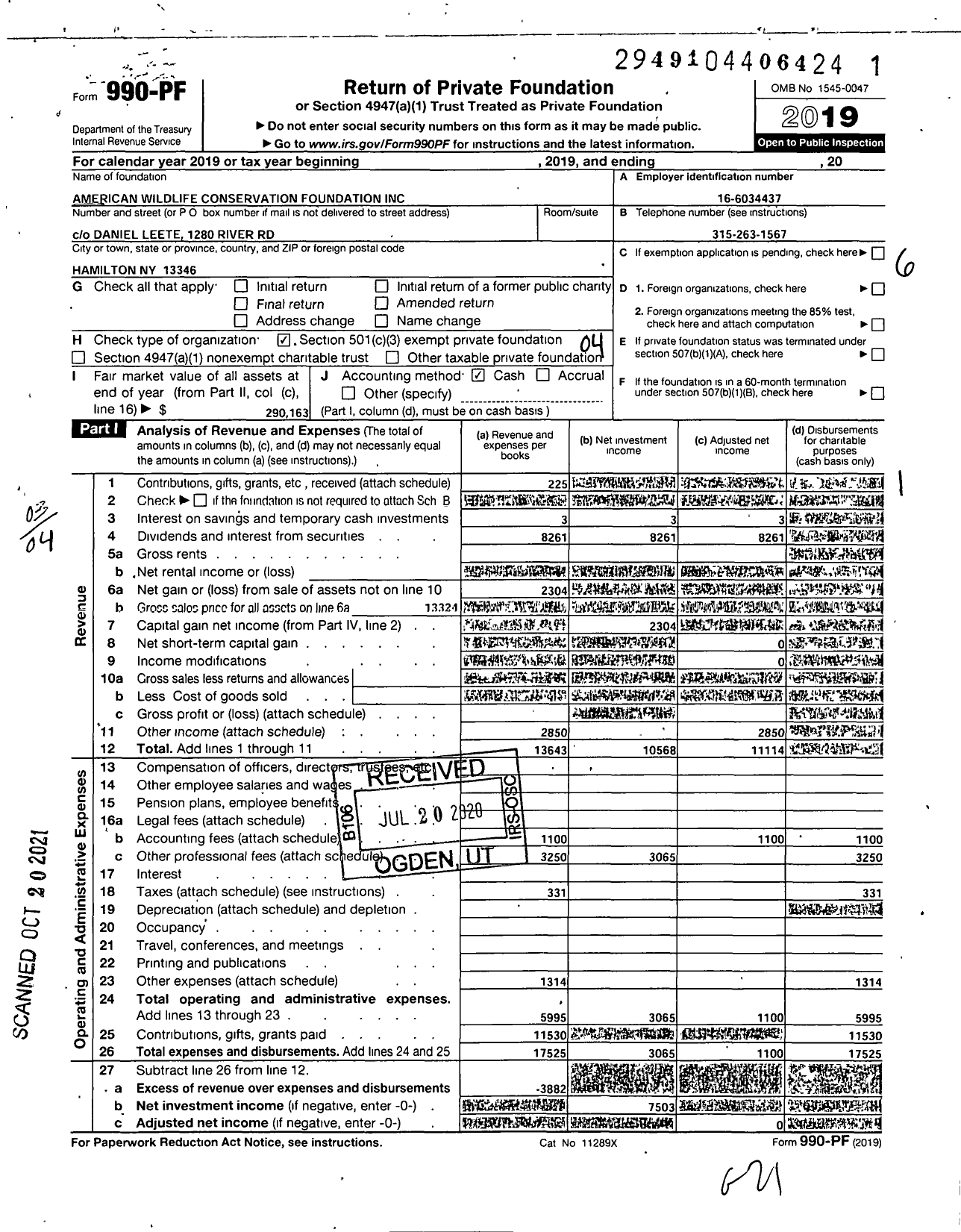 Image of first page of 2019 Form 990PF for American Wildlife Conservation Foundation