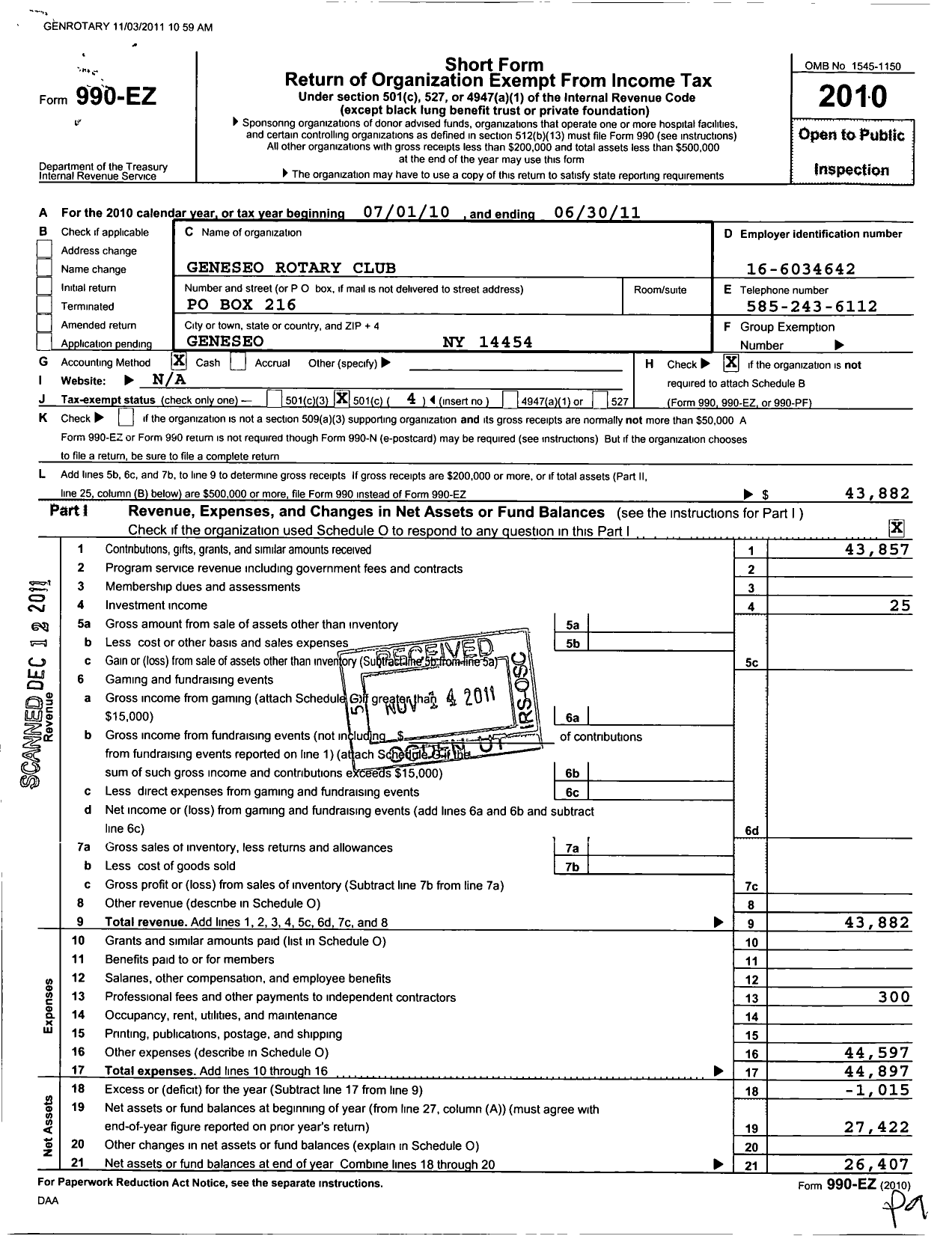 Image of first page of 2010 Form 990EO for Rotary International - Geneseo Rotary Club