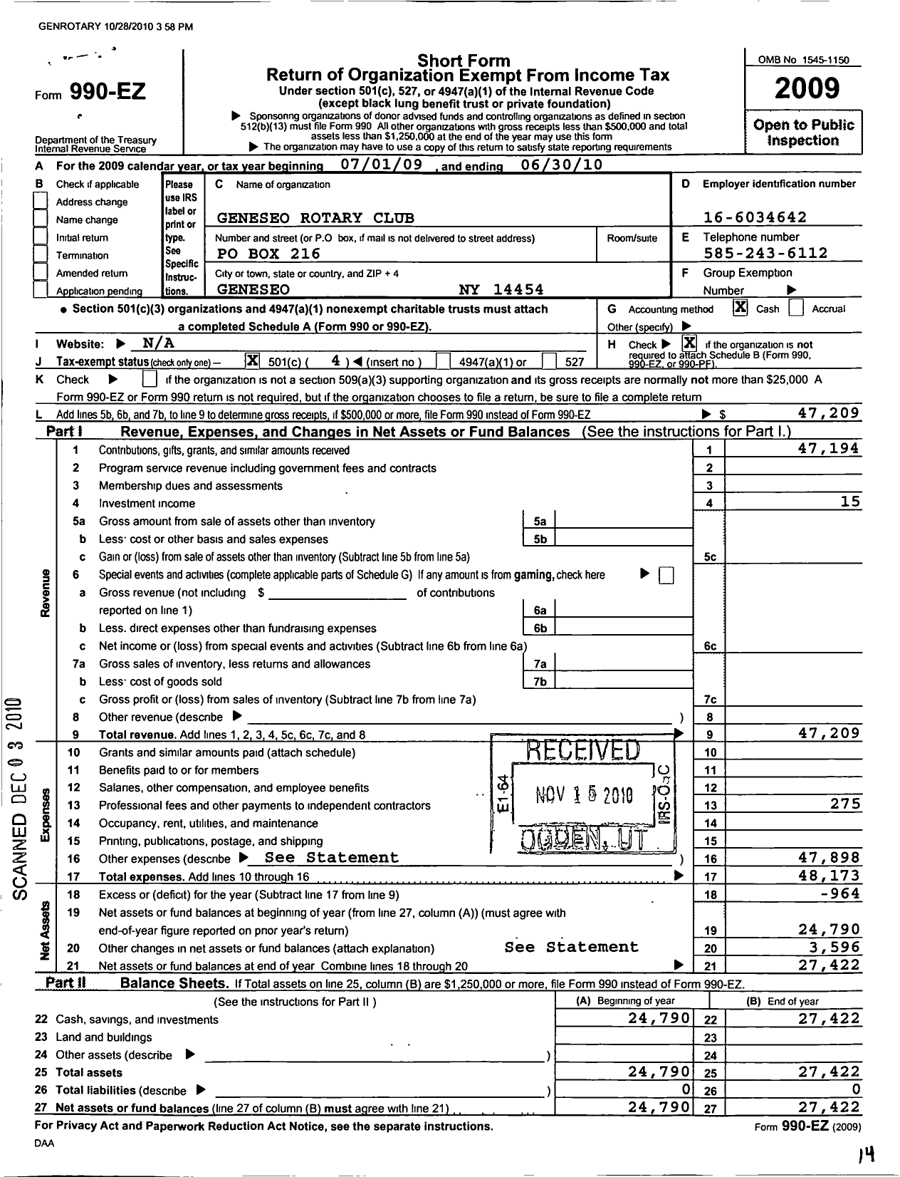 Image of first page of 2009 Form 990EO for Rotary International - Geneseo Rotary Club