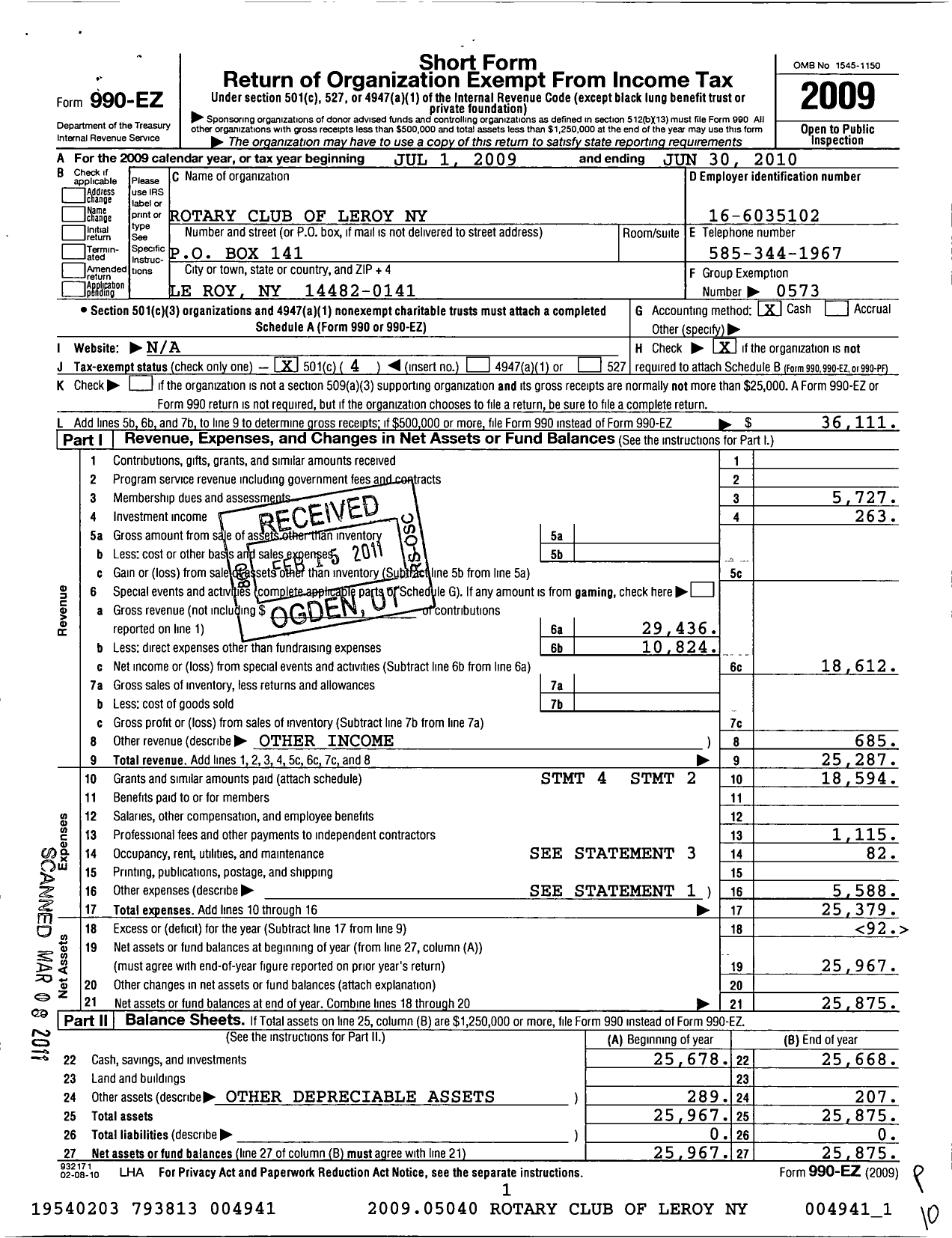 Image of first page of 2009 Form 990EO for Rotary International - LR Roy Rotary Club