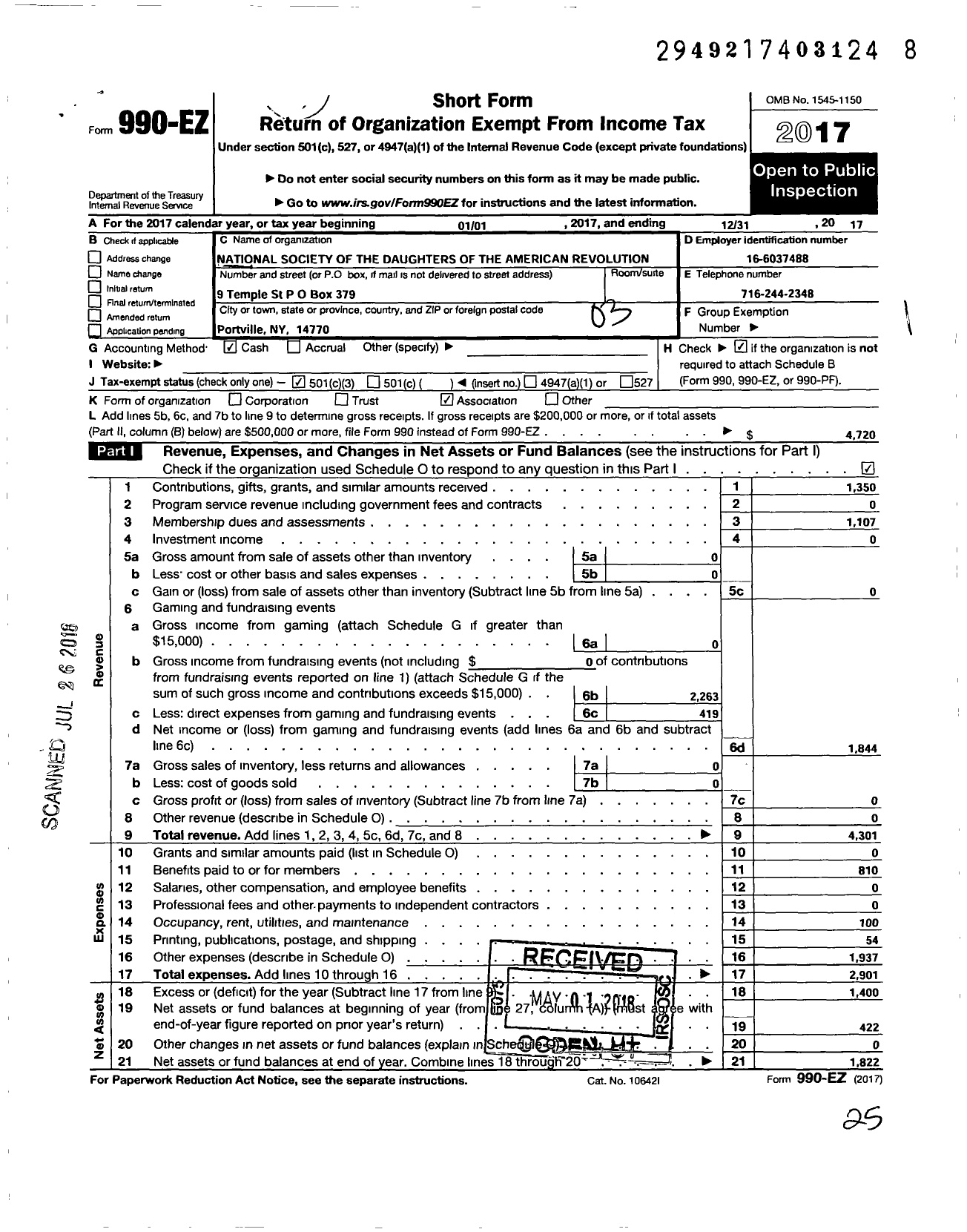 Image of first page of 2017 Form 990EZ for Daughters of the American Revolution - Olean Dar