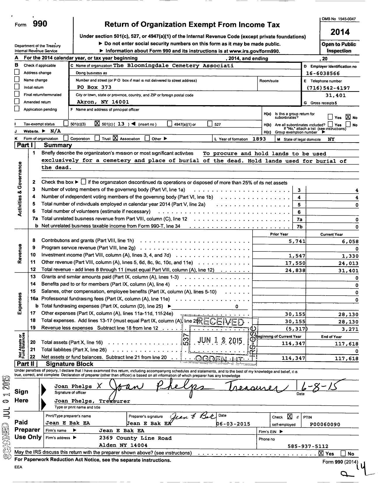 Image of first page of 2014 Form 990O for Bloomindale Cemetery Association