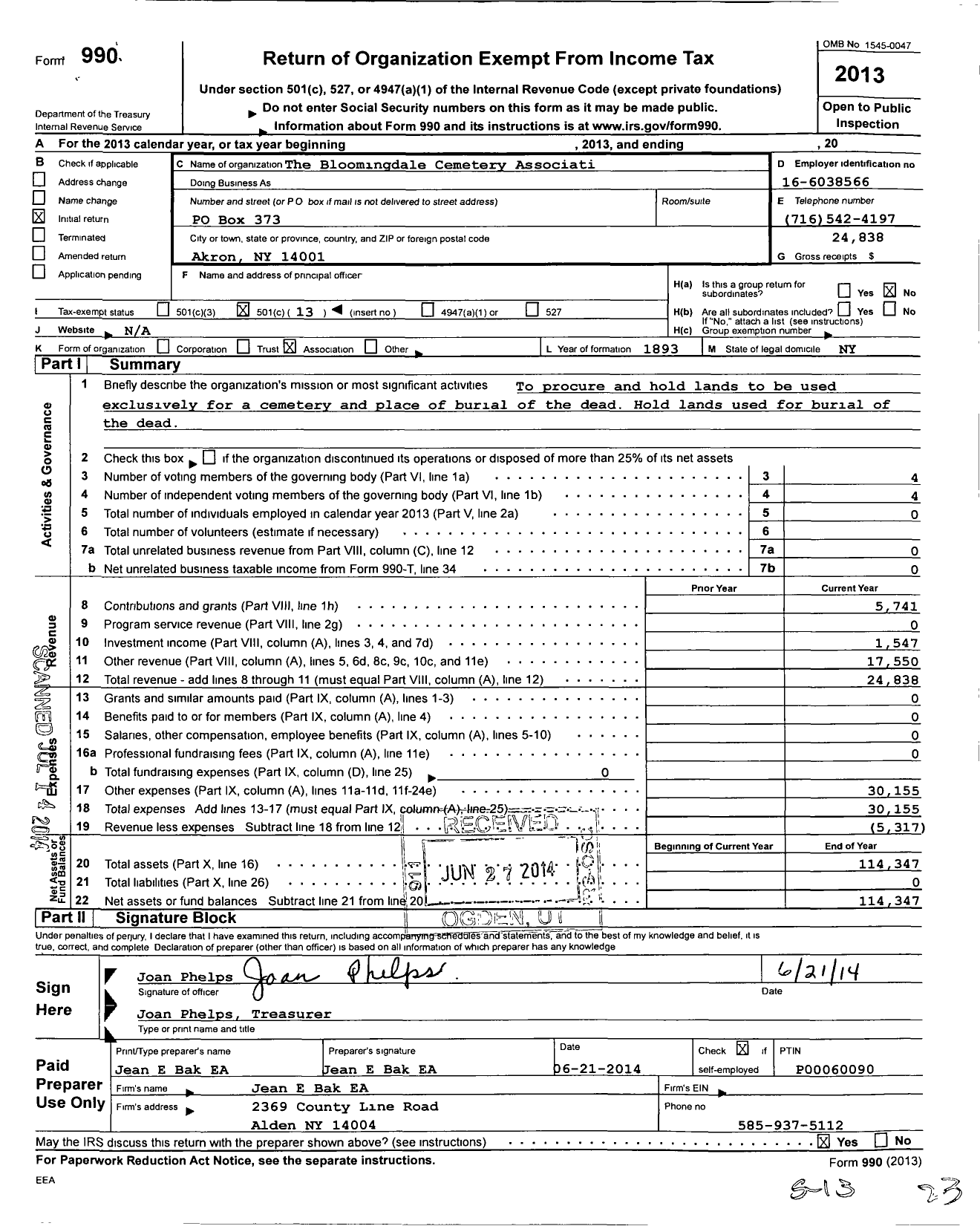 Image of first page of 2013 Form 990O for Bloomindale Cemetery Association