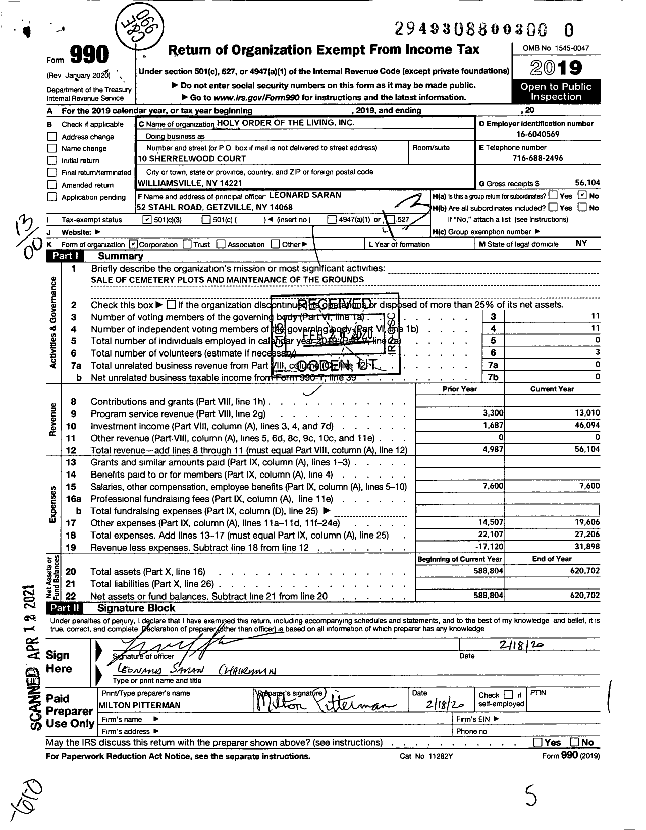 Image of first page of 2019 Form 990O for Holy Order of the Living Cemetery