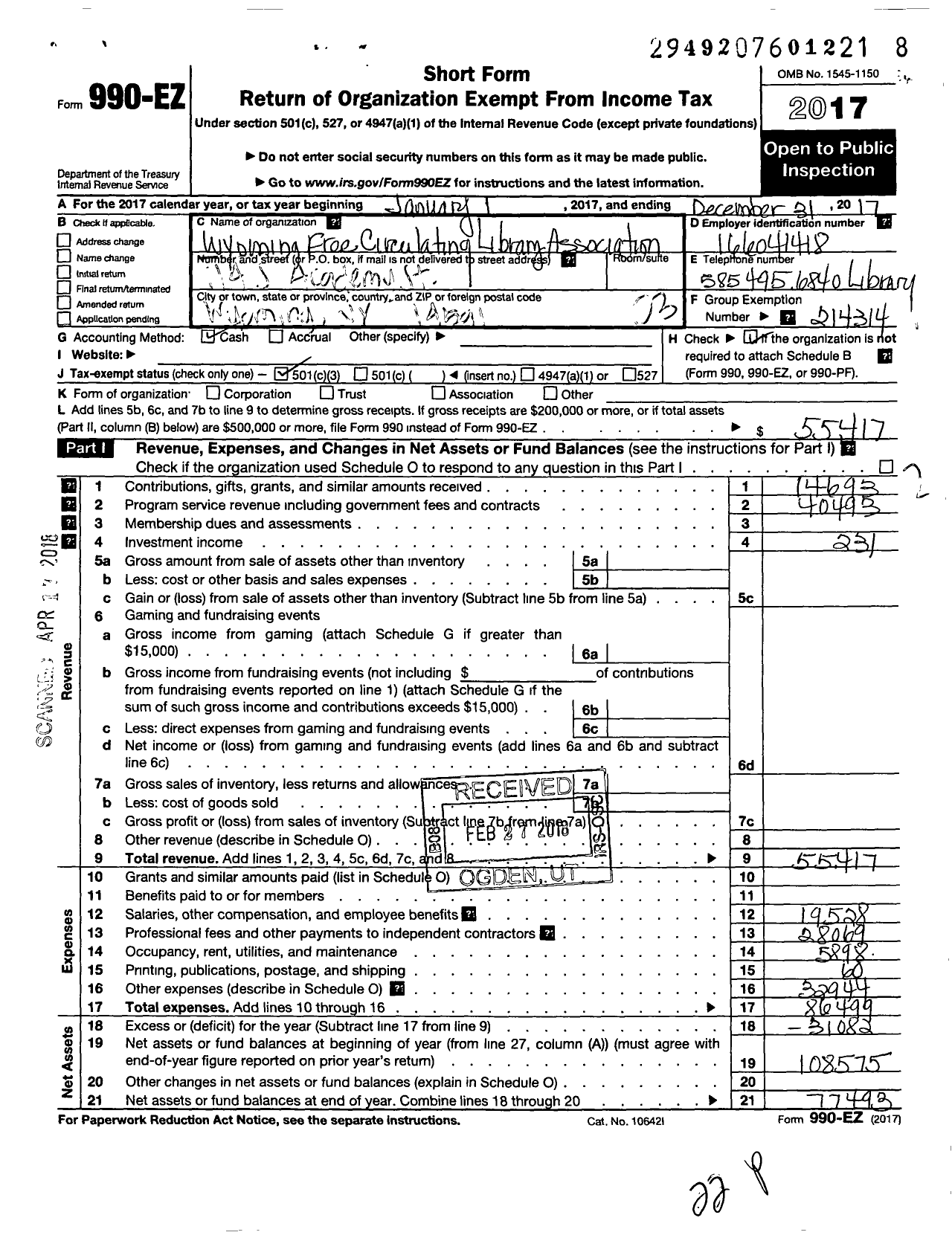 Image of first page of 2017 Form 990EZ for Wyoming Free Circulating Library Association