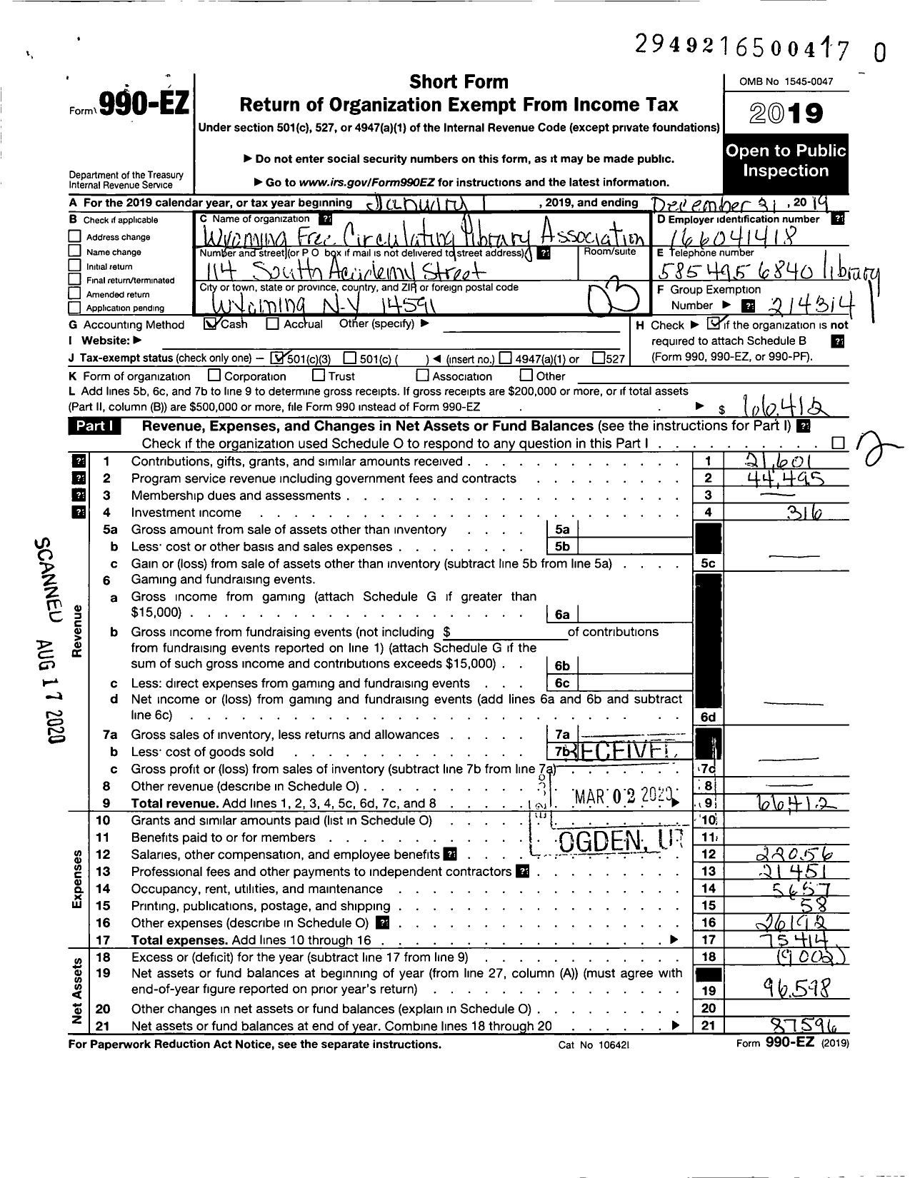 Image of first page of 2019 Form 990EZ for Wyoming Free Circulating Library Association