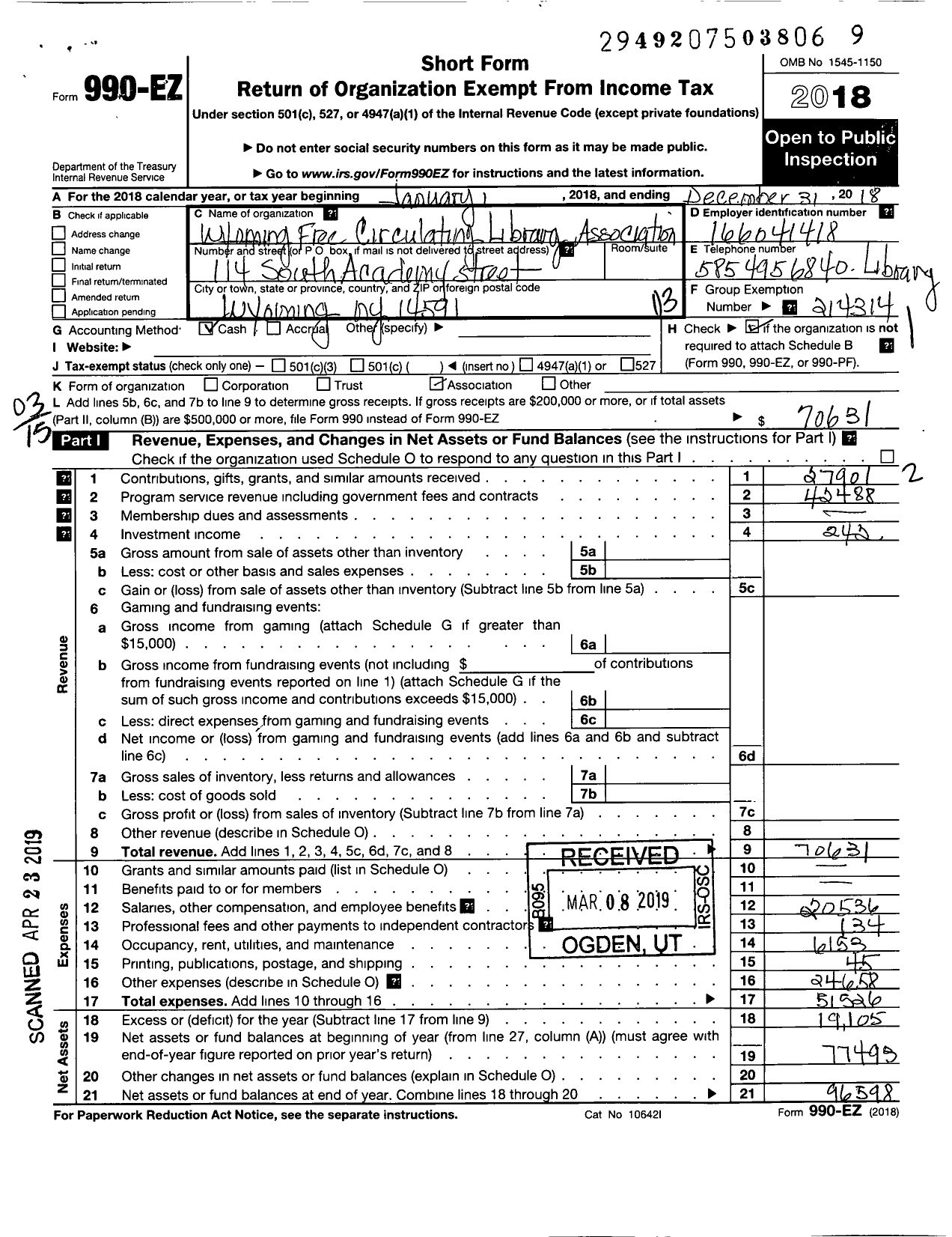 Image of first page of 2018 Form 990EZ for Wyoming Free Circulating Library Association