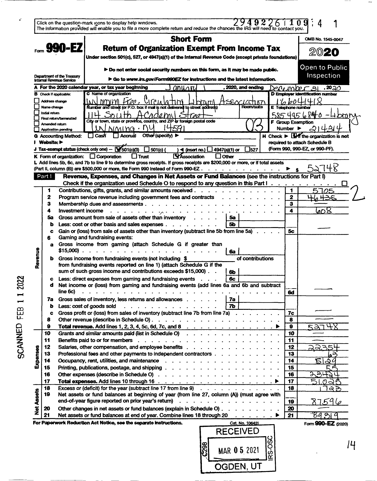 Image of first page of 2020 Form 990EZ for Wyoming Free Circulating Library Association