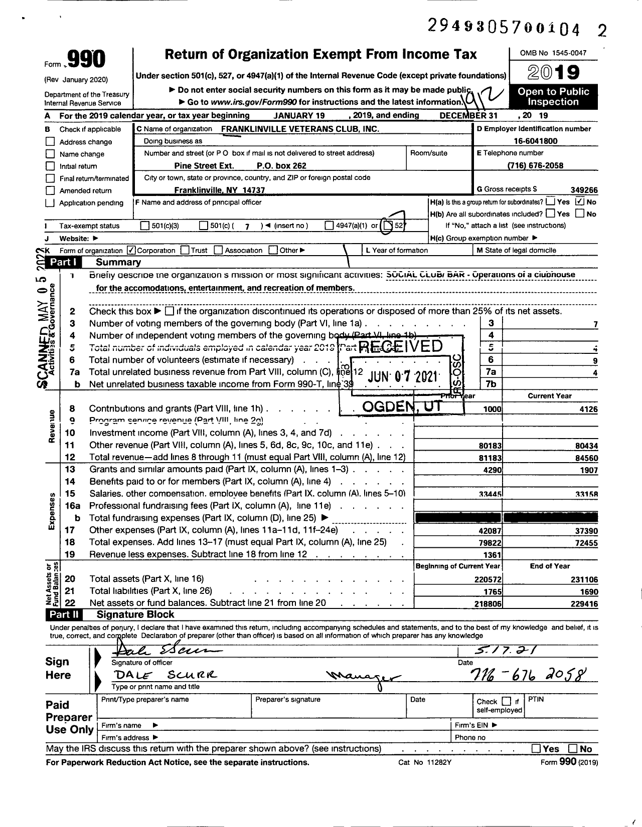 Image of first page of 2019 Form 990O for Franklinville Veterans Club