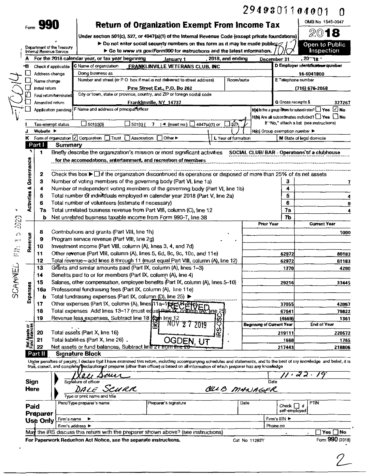 Image of first page of 2018 Form 990O for Franklinville Veterans Club