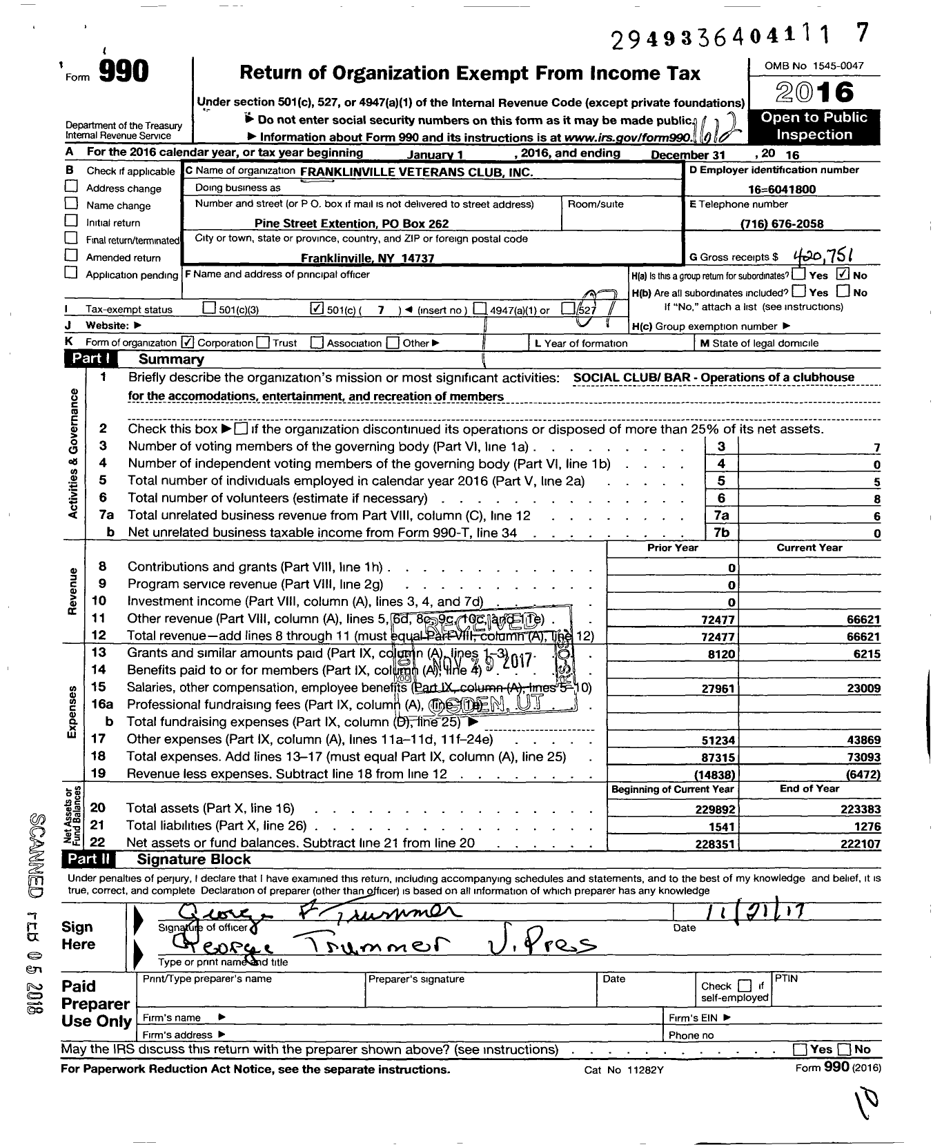 Image of first page of 2016 Form 990O for Franklinville Veterans Club