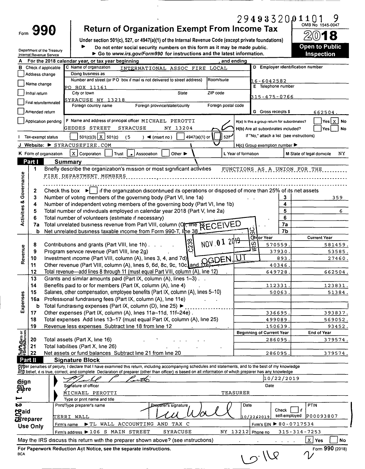 Image of first page of 2018 Form 990O for International Association of Fire Fighters - L0280 Syracuse