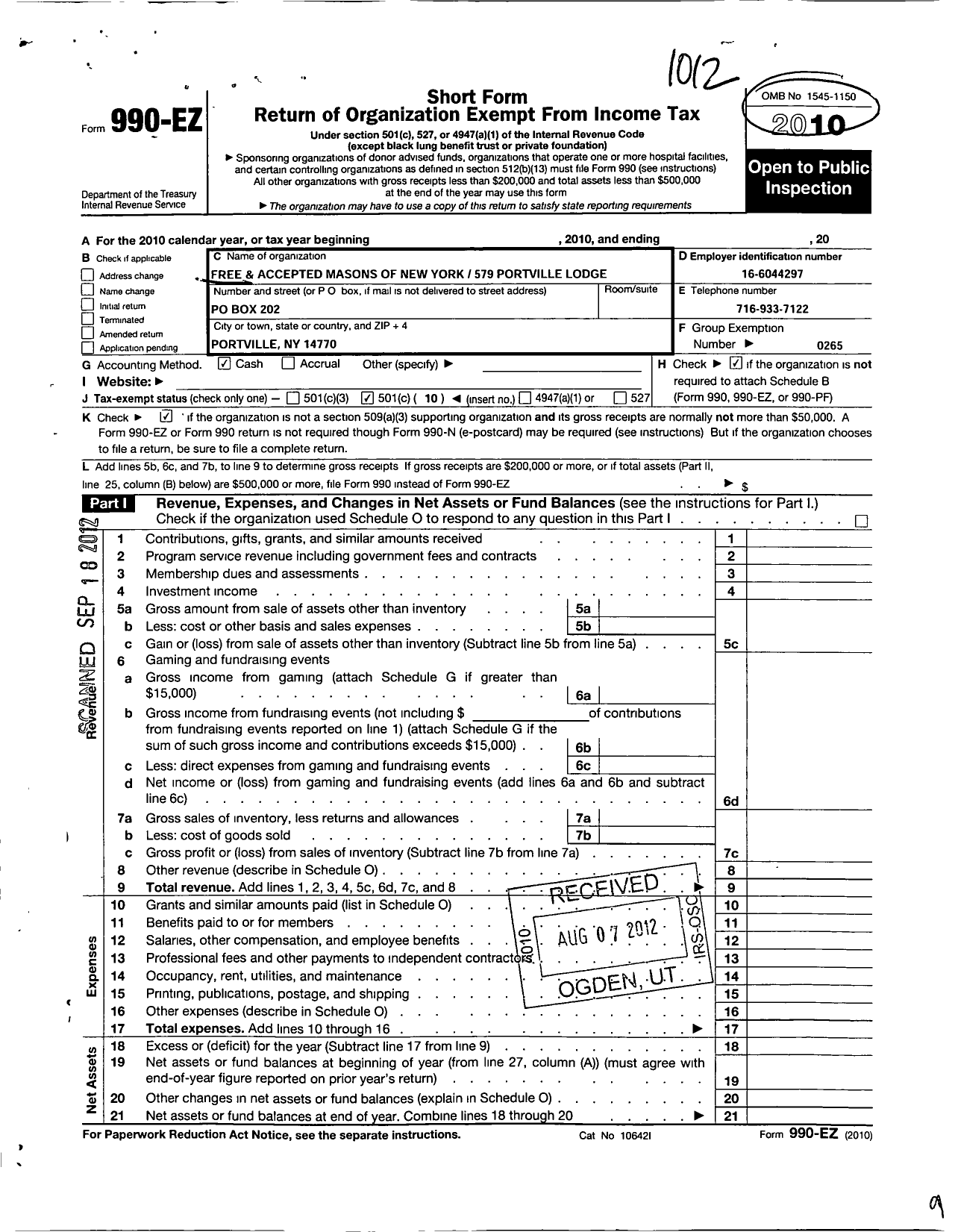 Image of first page of 2010 Form 990EO for Free and Accepted Masons of New York - 579 Portville Lodge