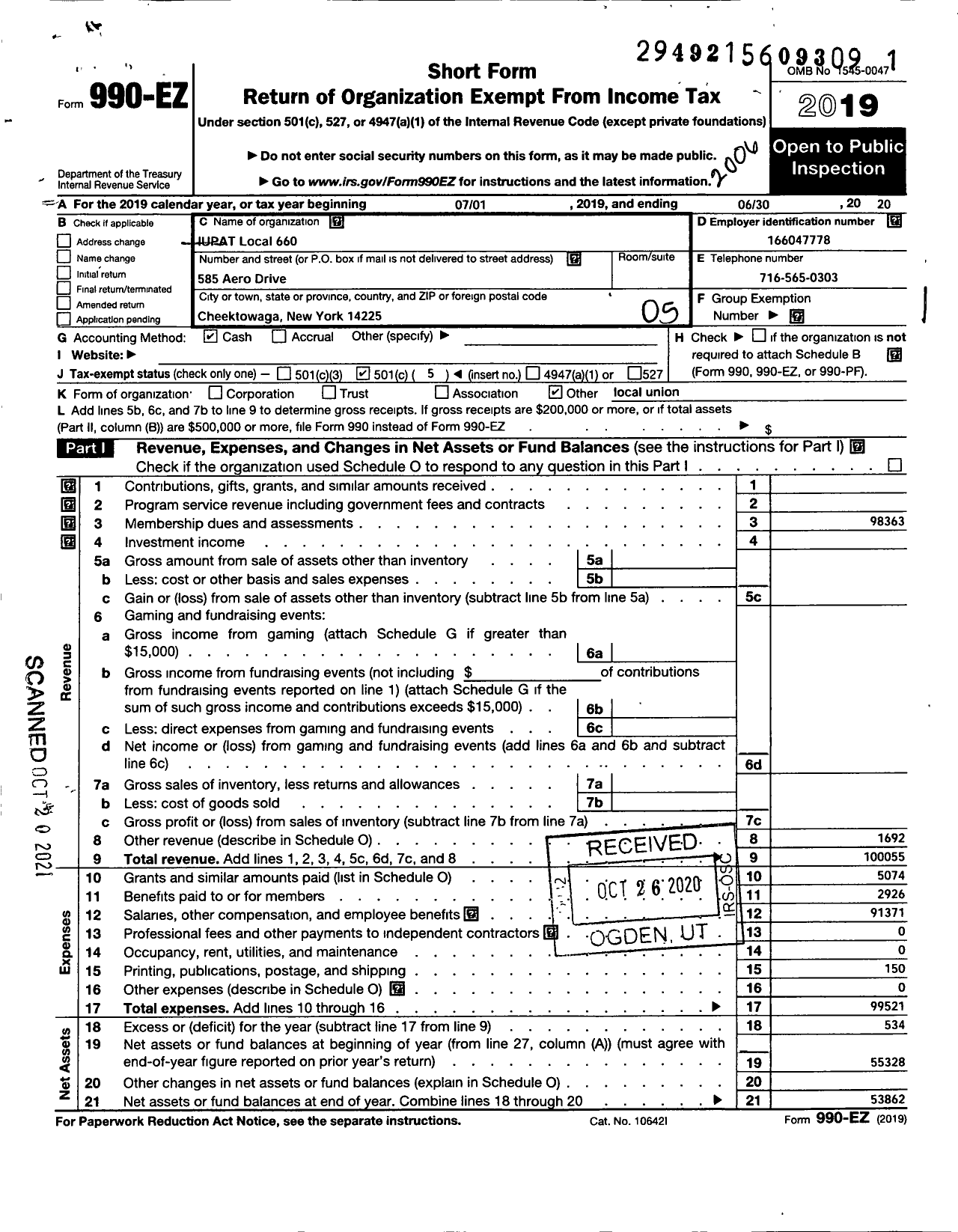 Image of first page of 2019 Form 990EO for INTERNATIONAL UNION OF PAINTERS AND ALLIED TRADES - 660 Glaziers AND Glass Workers Loca