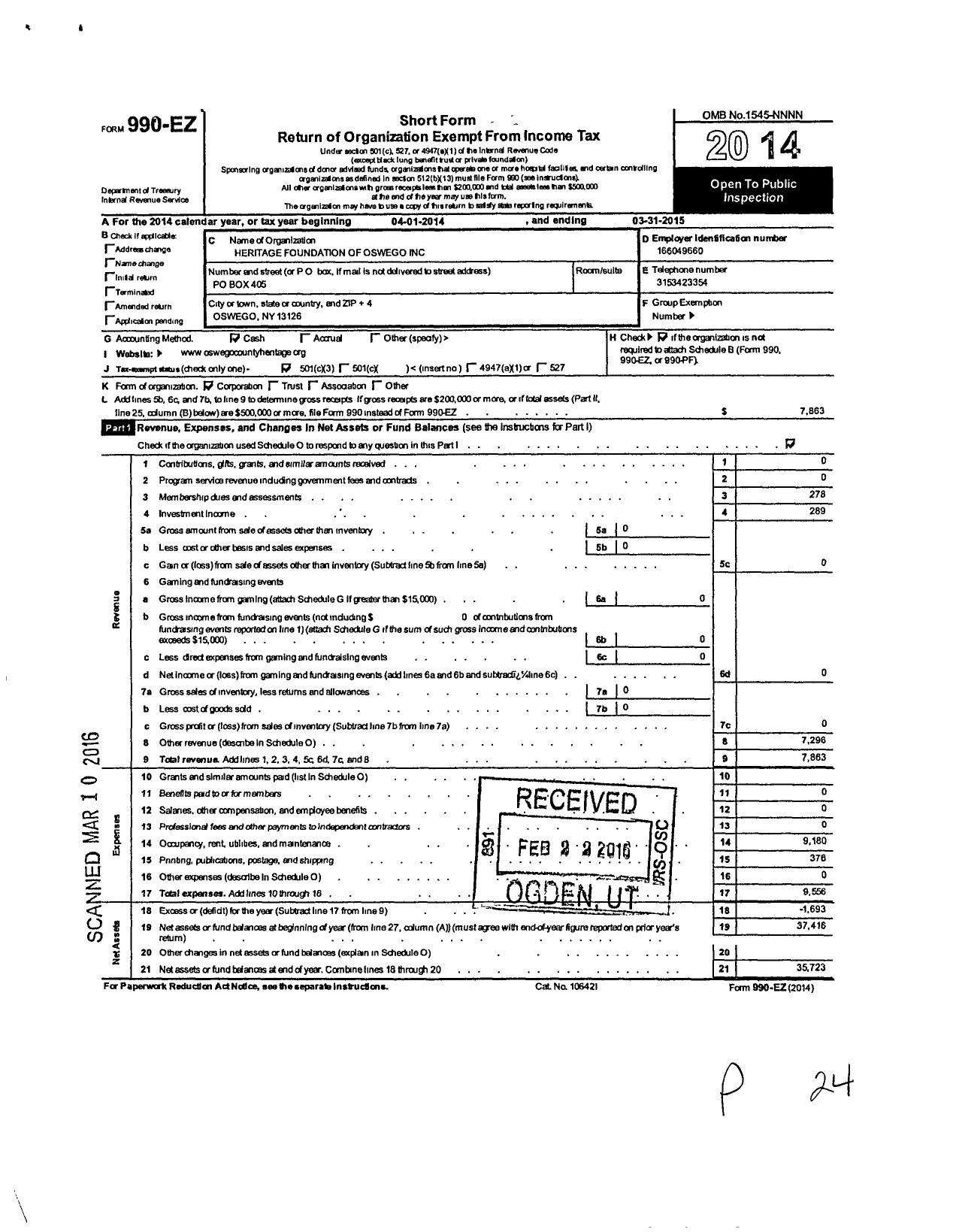 Image of first page of 2014 Form 990EZ for Heritage Foundation of Oswego