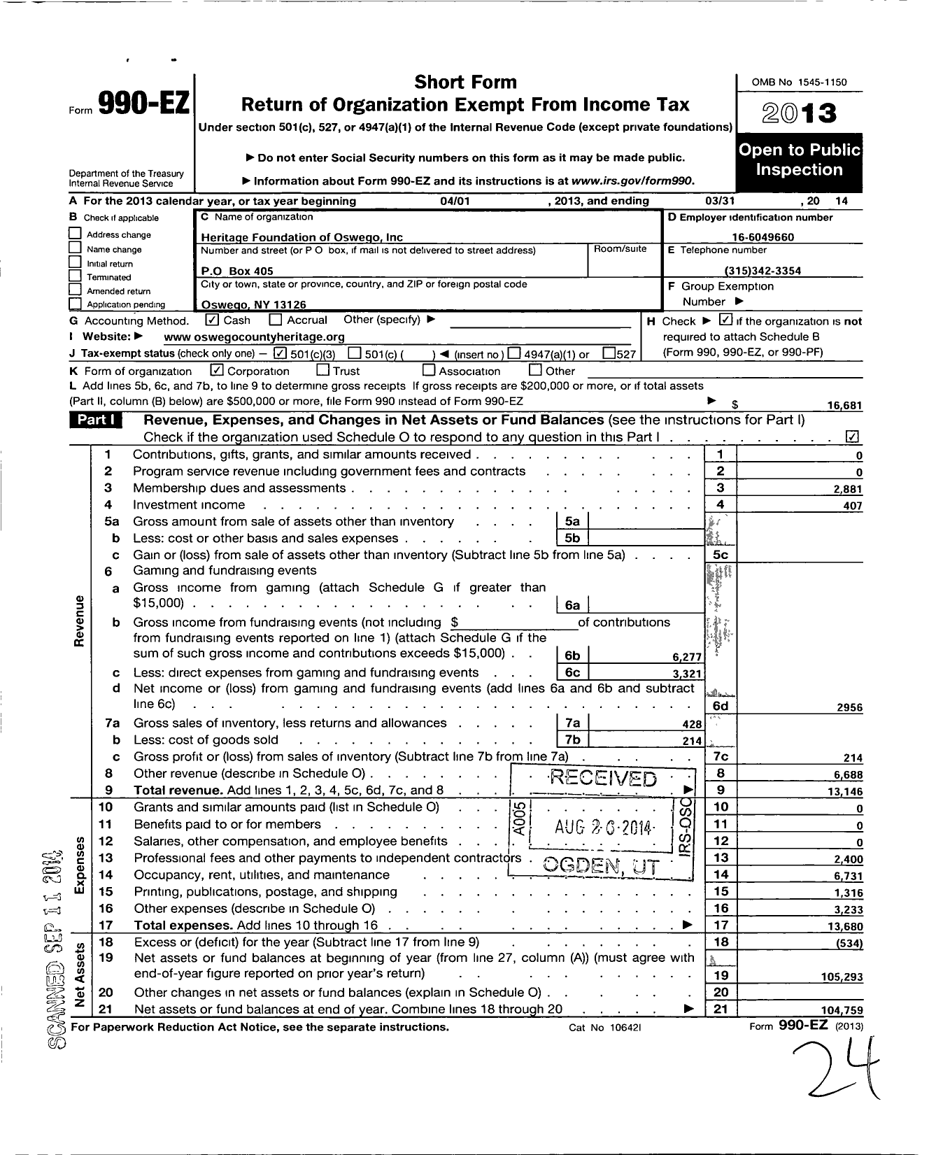 Image of first page of 2013 Form 990EZ for Heritage Foundation of Oswego