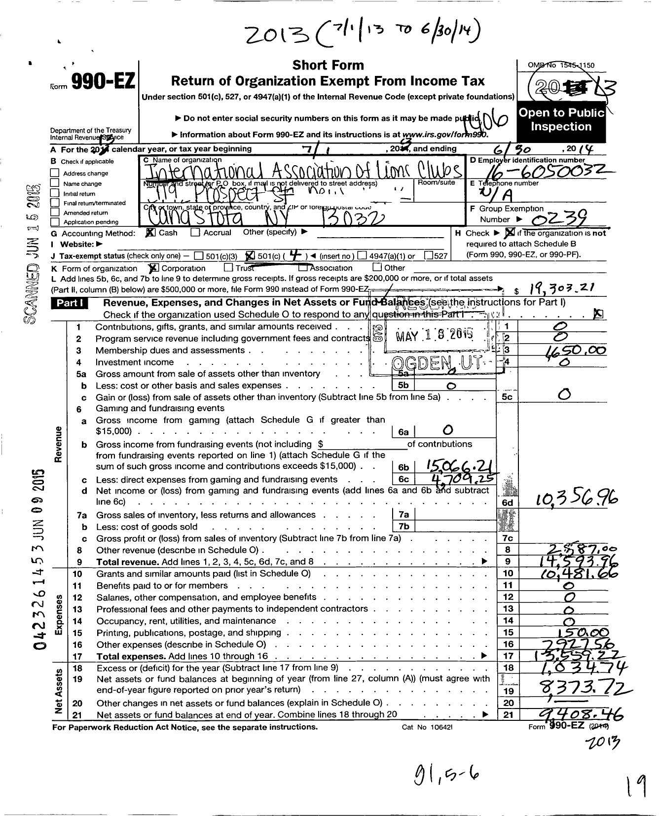 Image of first page of 2013 Form 990EO for Lions Clubs - 8192 Canastota New York