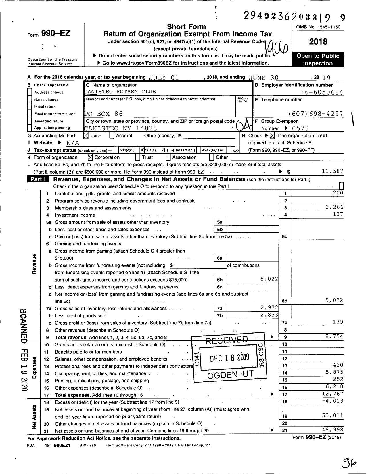 Image of first page of 2018 Form 990EO for Rotary International - Canisteo Rotary Club